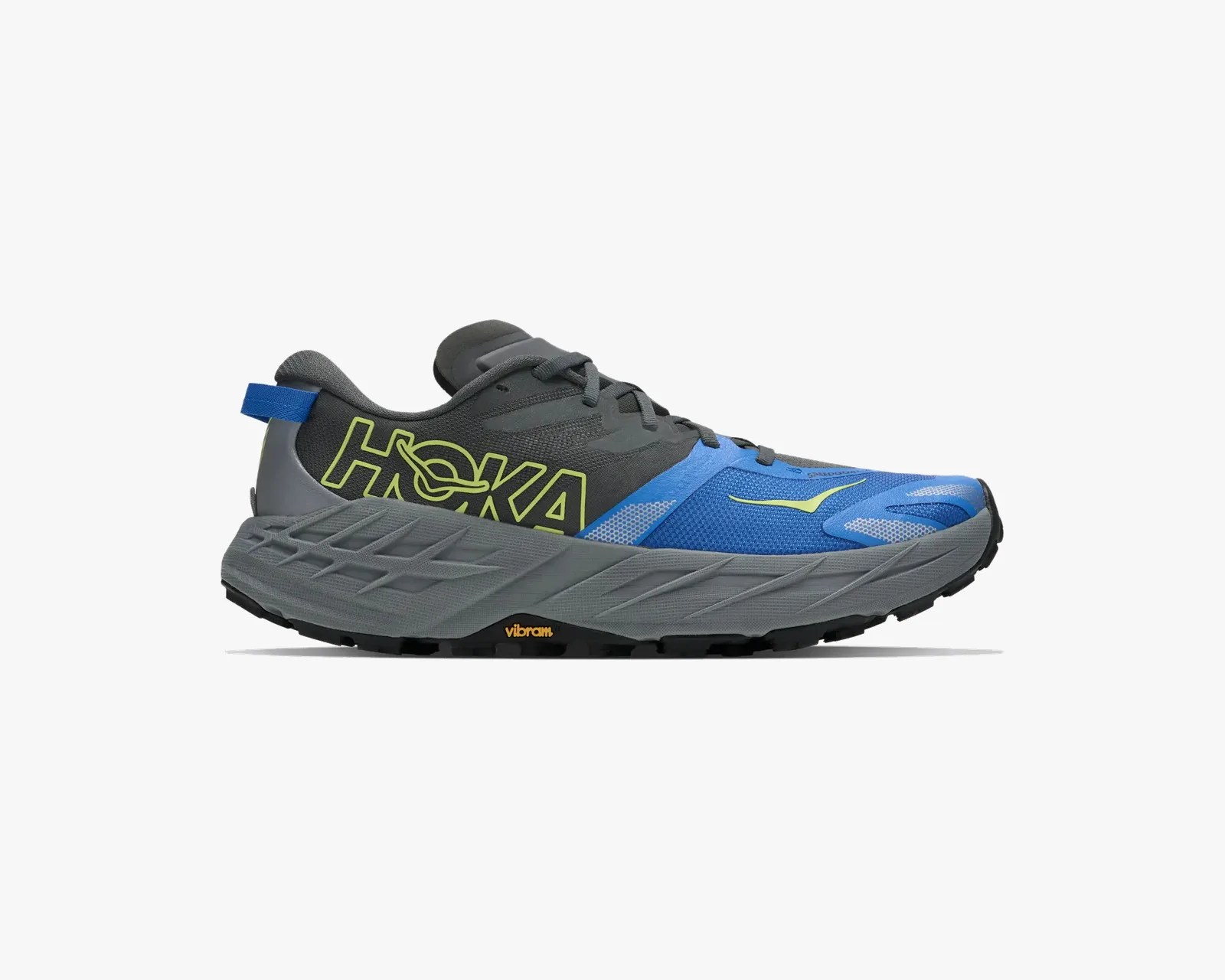 Blue and dark gray Hoka running shoe with thick gray sole and yellow logo on the side.