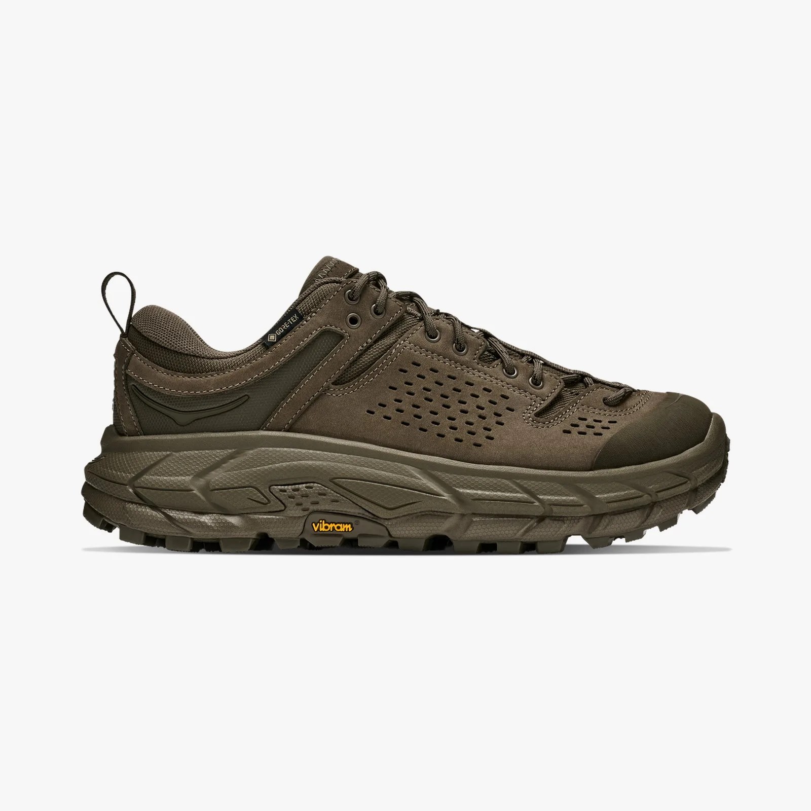 Olive green Gore-Tex hiking shoe with Vibram sole and perforated upper side.