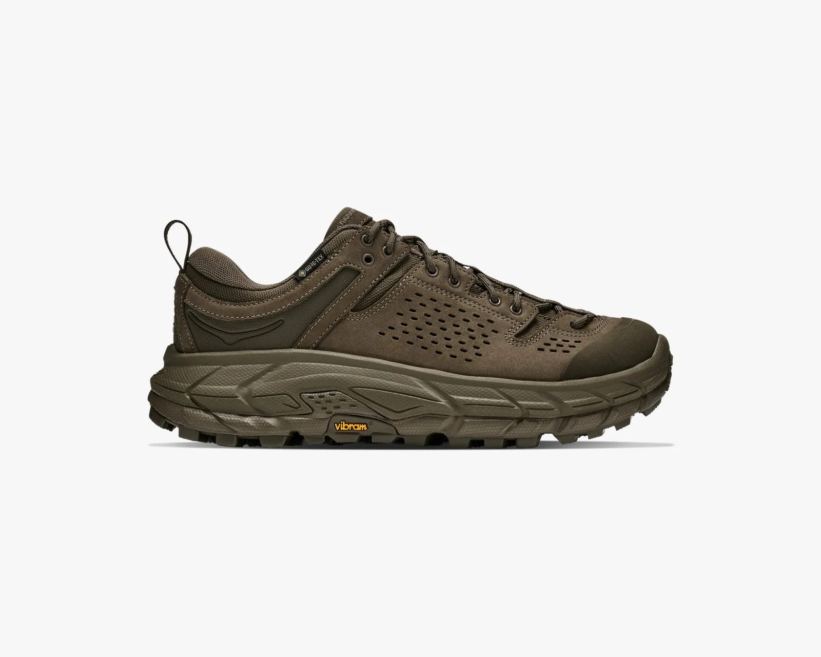 Olive green Gore-Tex hiking shoe with Vibram sole and perforated side panels.