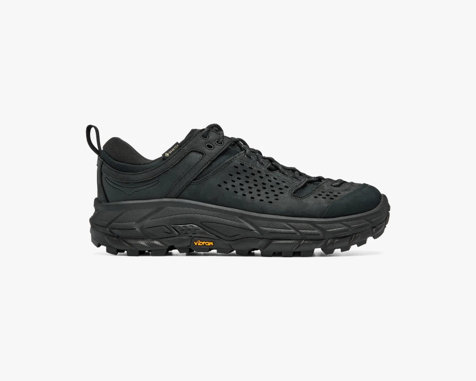 Black Gore-Tex hiking shoe with perforated upper and Vibram sole.