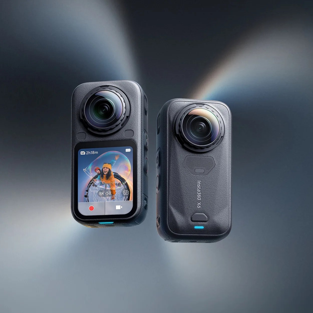 Two black Insta360 X6 action cameras with wide-angle lenses, one showing a colorful screen with a video preview.