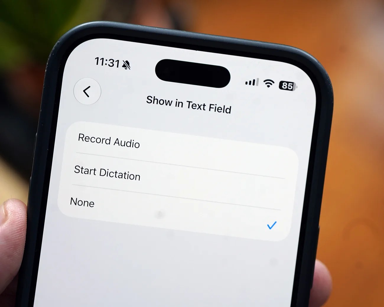 Smartphone screen showing "Show in Text Field" options with "None" selected and a blue checkmark.