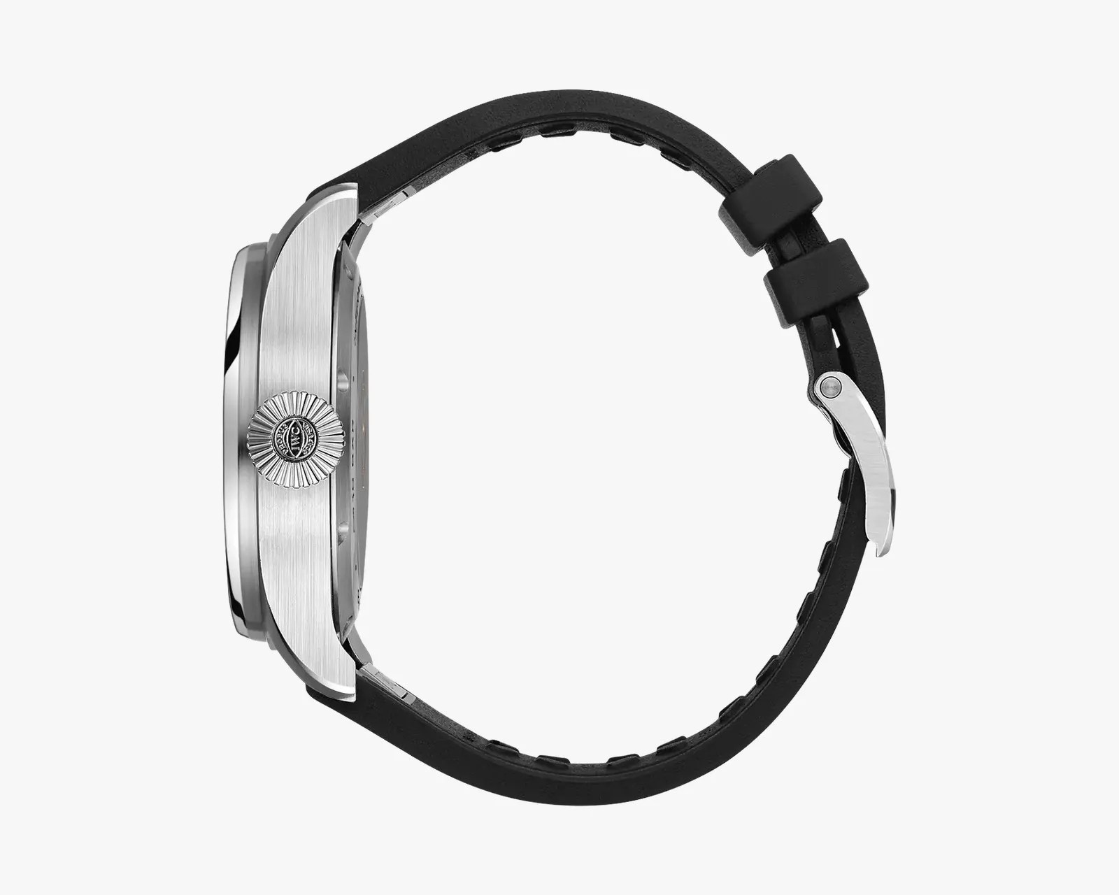Side view of a silver metal watch case with a textured crown and black rubber strap with a silver buckle.