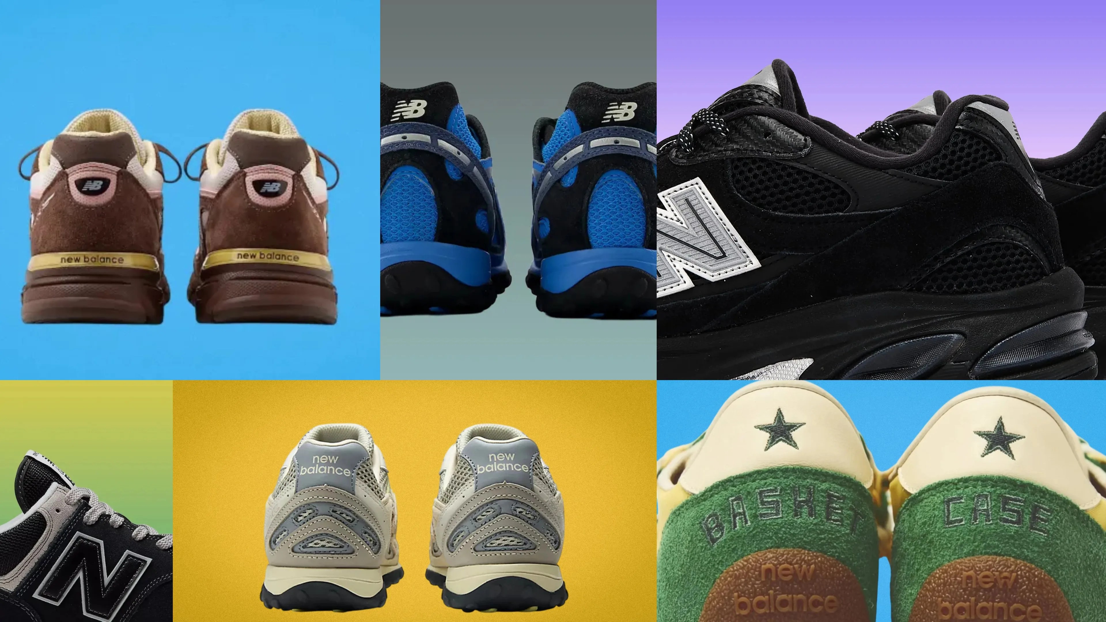 Six pairs of New Balance sneakers shown from the back in various colors and designs against colorful backgrounds.