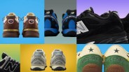 Six pairs of New Balance sneakers shown from the back in various colors and designs against colorful backgrounds.