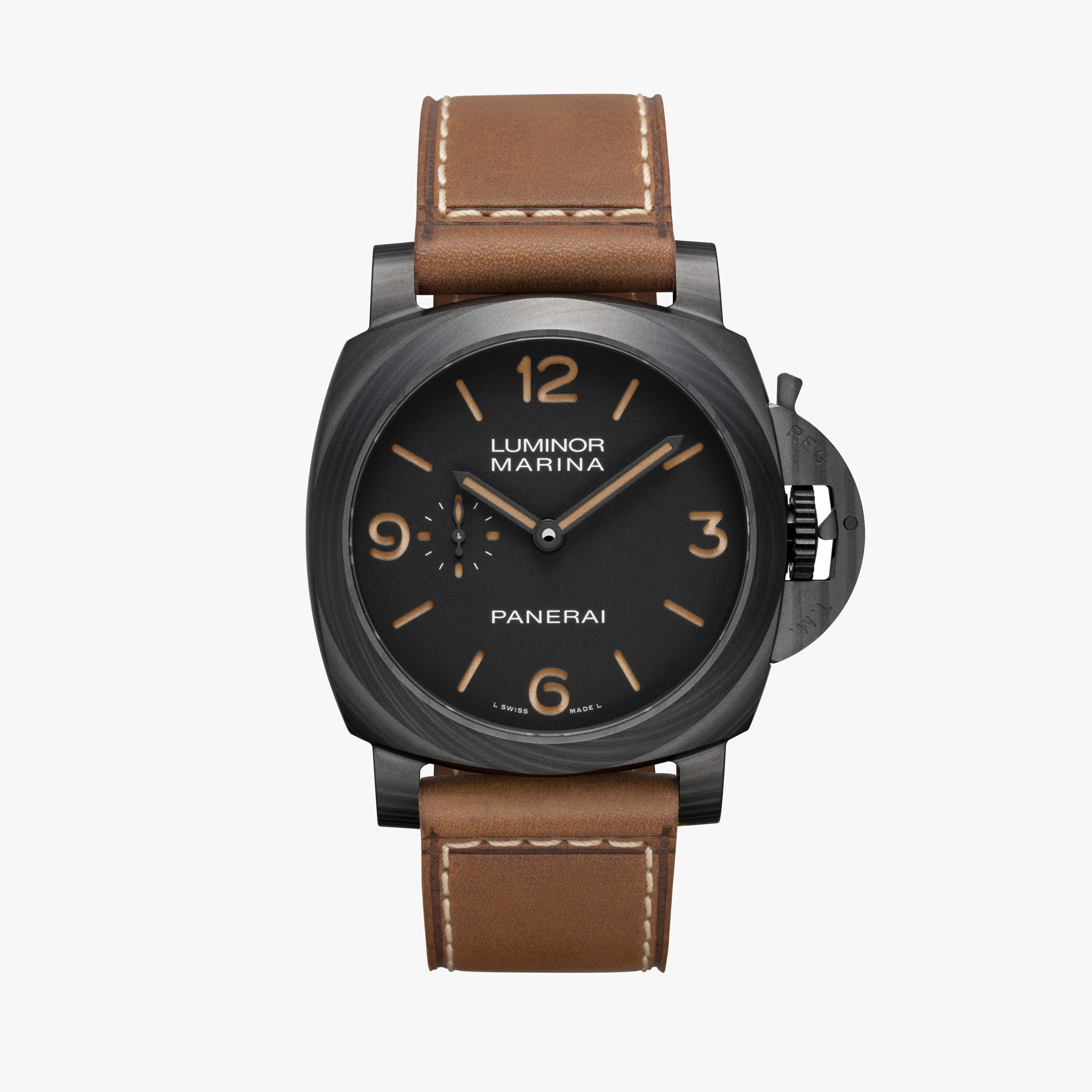 Kahverengi deri kayışlı, siyah kasalı Panerai Luminor Marina PAM01707 saat