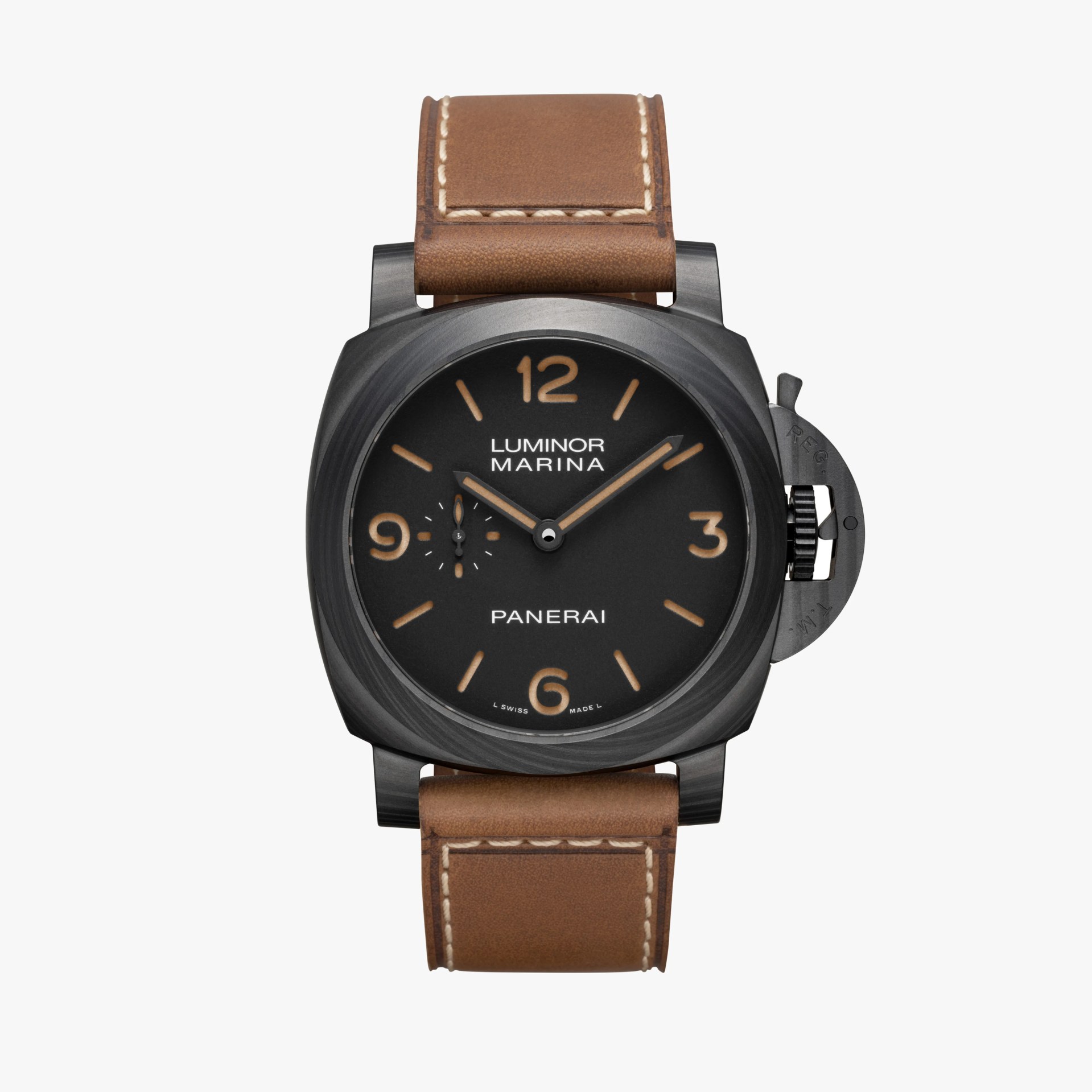 Black Panerai Luminor Marina watch with tan leather strap and beige stitching.