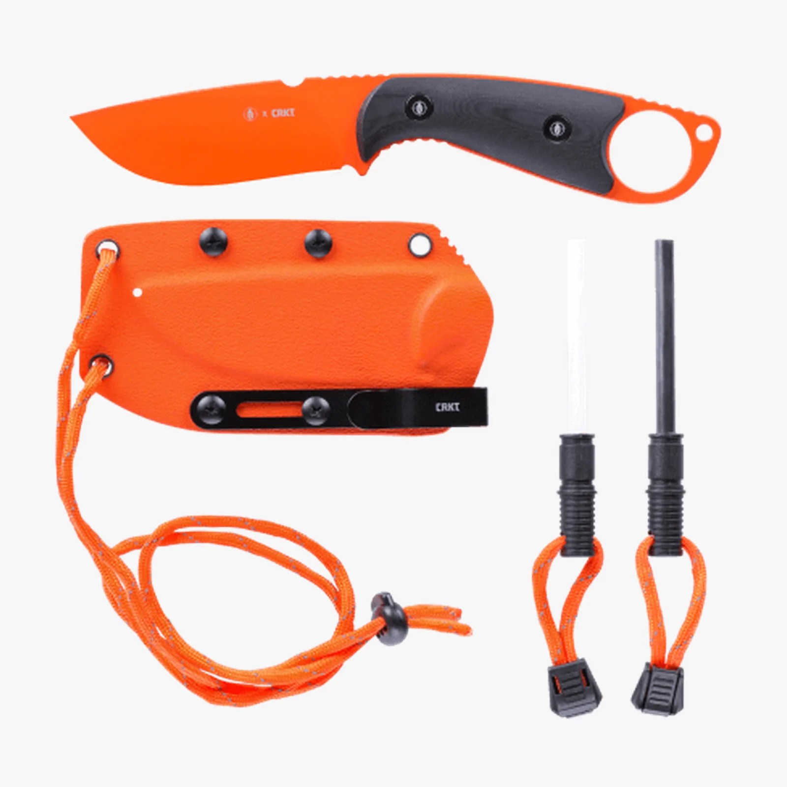 Orange fixed-blade knife with black handle, matching orange sheath, and two fire starter rods with orange cords.