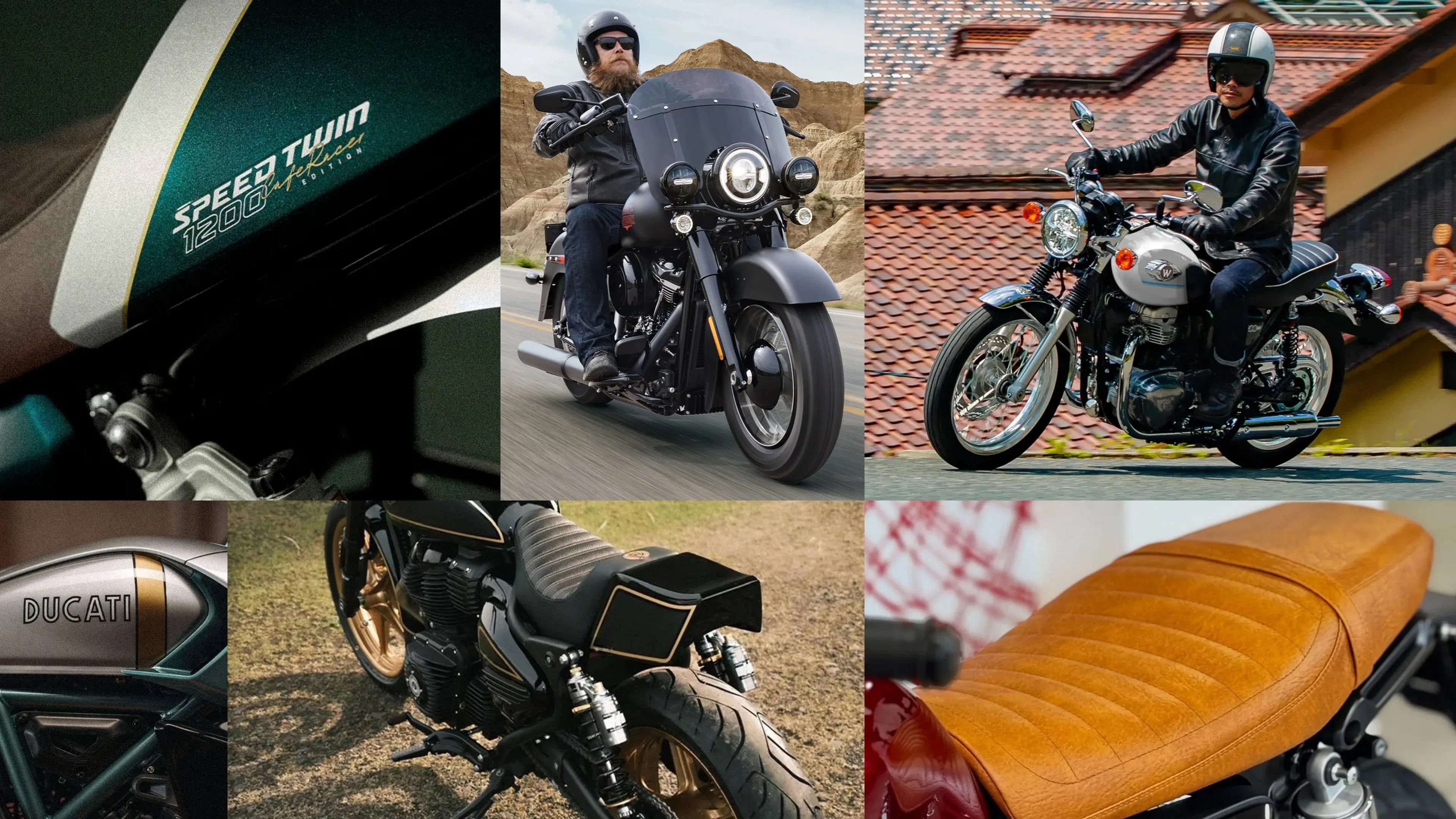 Collage of six motorcycle images showing close-ups of fuel tanks with brand logos, riders on black and white motorcycles, a black and gold bike rear view, and a tan leather seat.