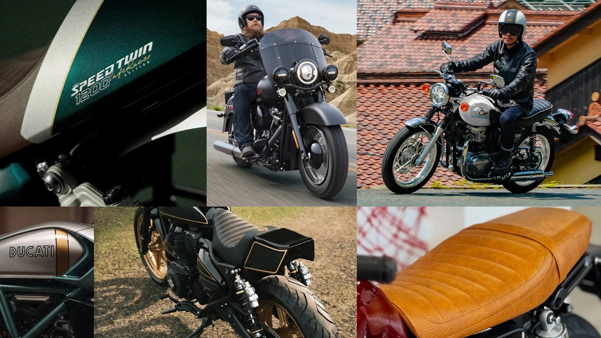Collage of six motorcycle images showing close-ups of fuel tanks with brand logos, riders on black and white motorcycles, a black and gold bike rear view, and a tan leather seat.