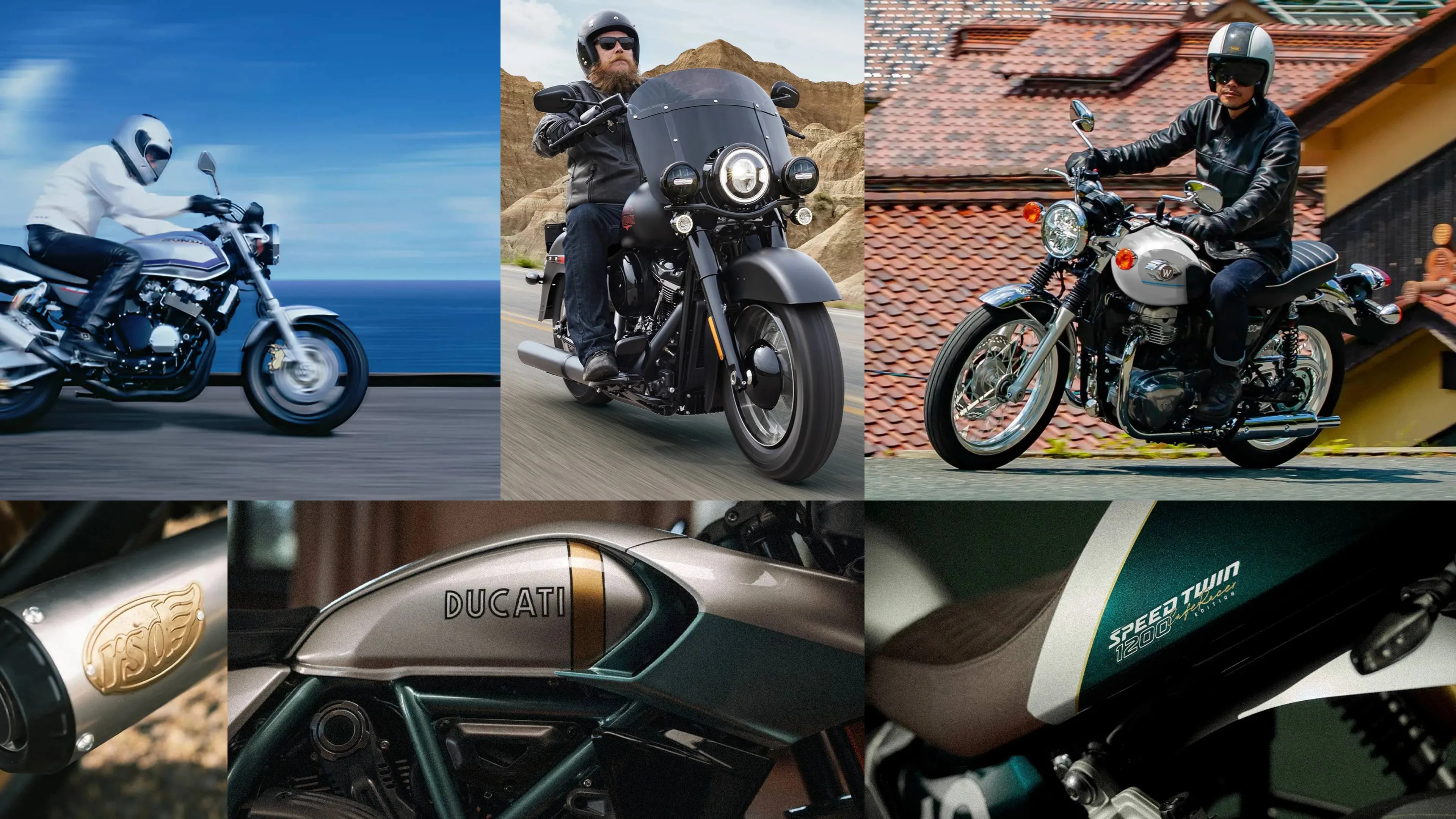 Collage of six images showing three motorcycles with riders in helmets and leather jackets on top row, and close-ups of motorcycle parts with brand logos "Norton," "Ducati," and "Speed Twin 1200" on bottom row.