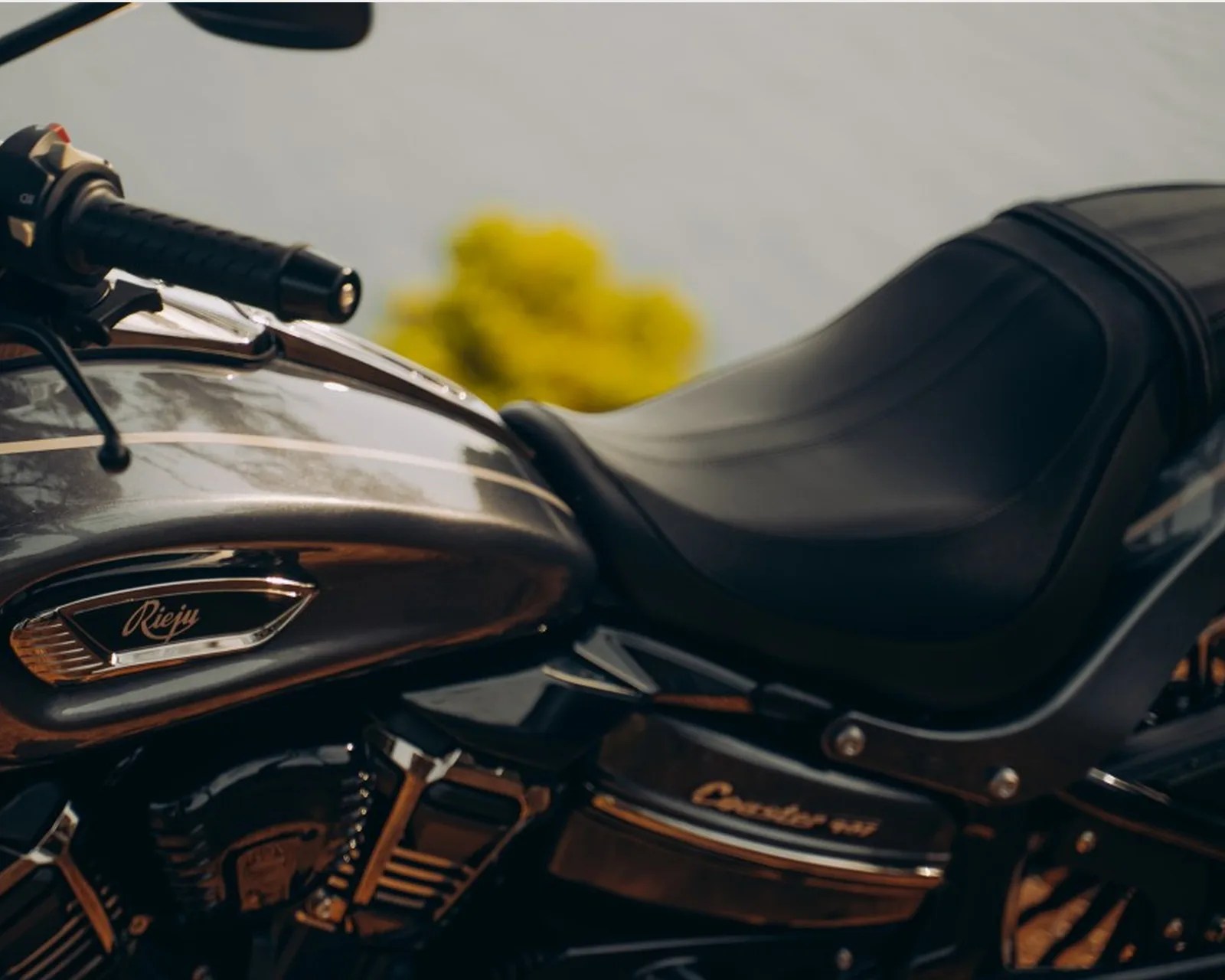 Close-up of a black motorcycle seat and fuel tank with the brand name "Rieju" visible.