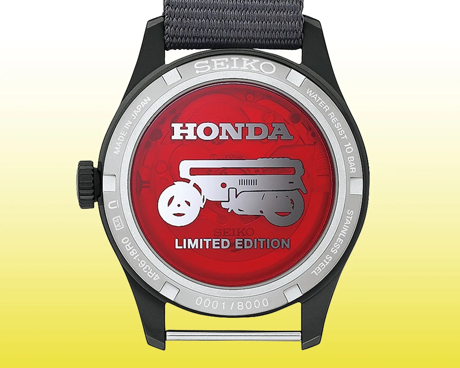 Back of a black Seiko watch case with a red center featuring a silver Honda logo, scooter graphic, and "Limited Edition" text.
