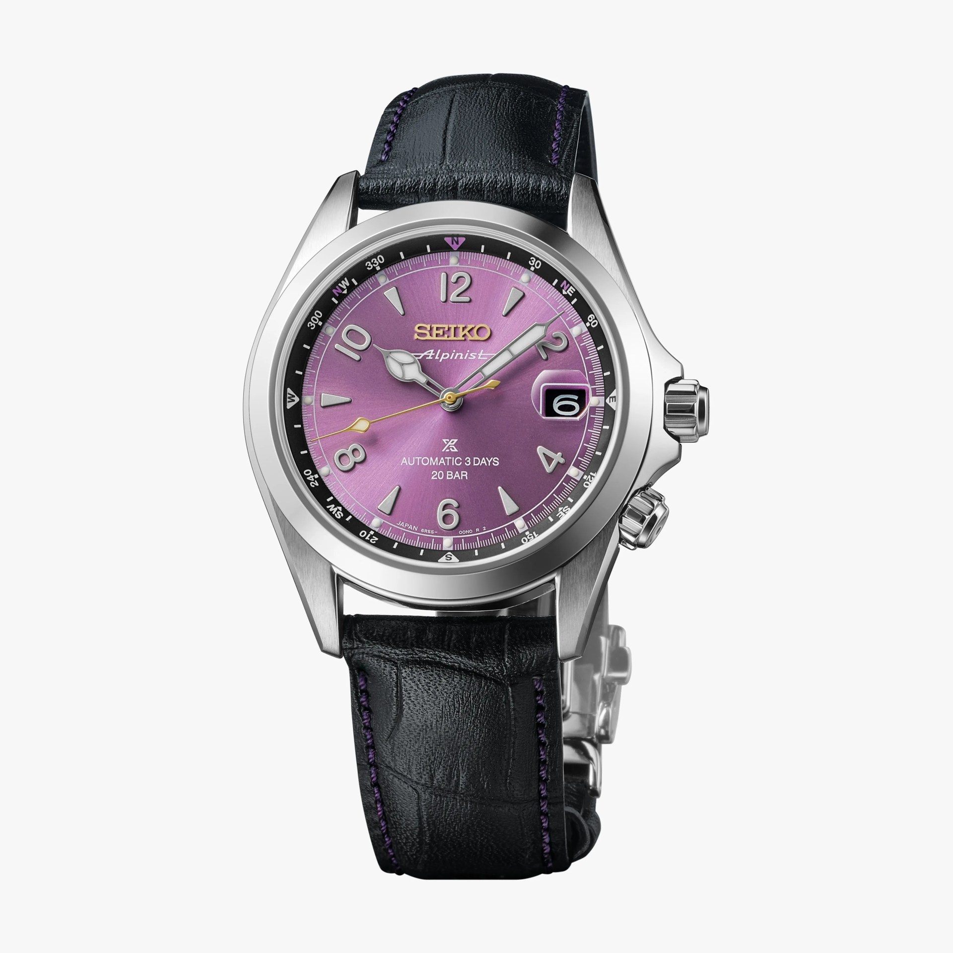 Seiko Alpinist watch with purple dial, silver case, black leather strap with purple stitching, and date window.