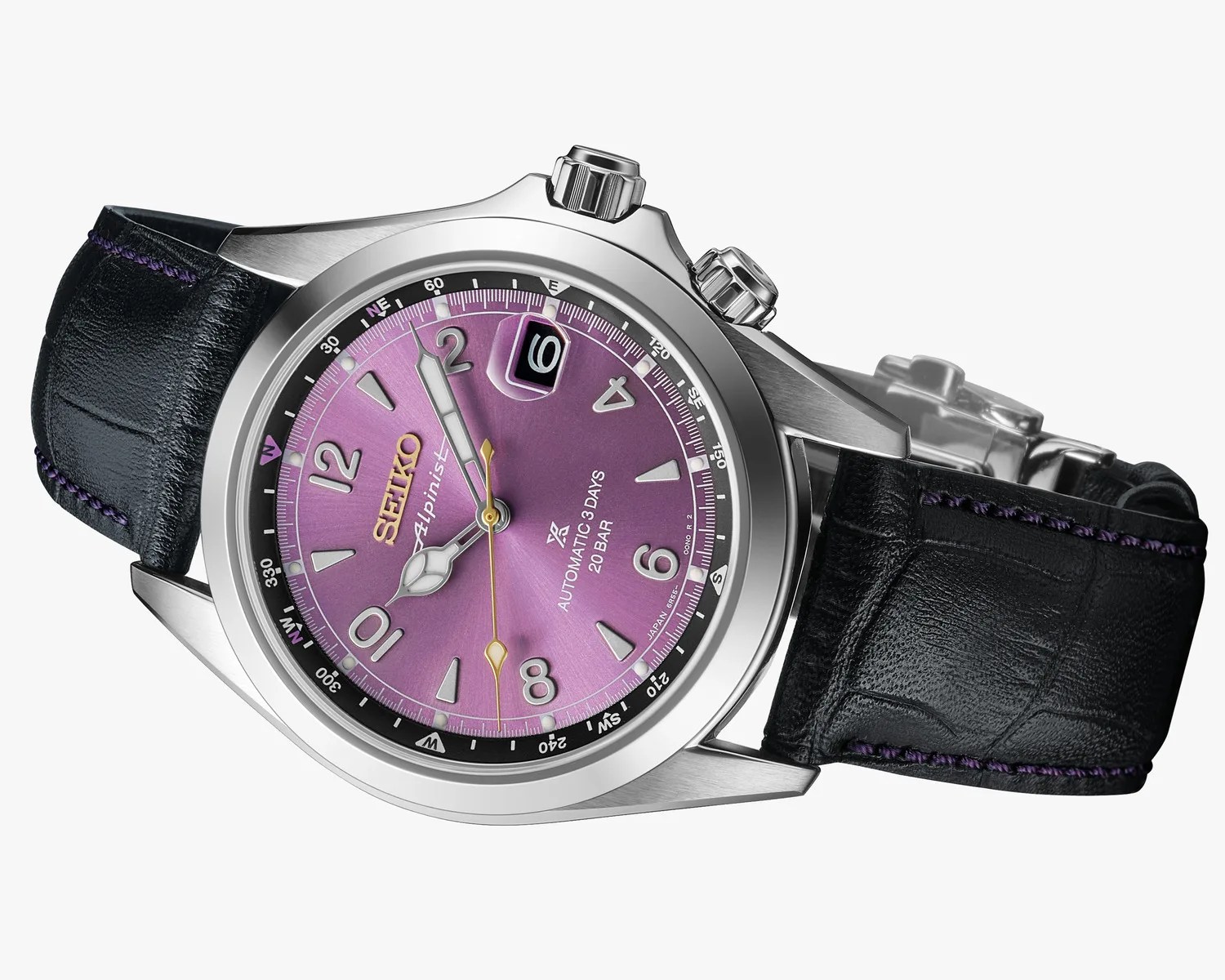 Seiko Alpinist watch with purple dial, silver case, black leather strap with purple stitching, and date window.