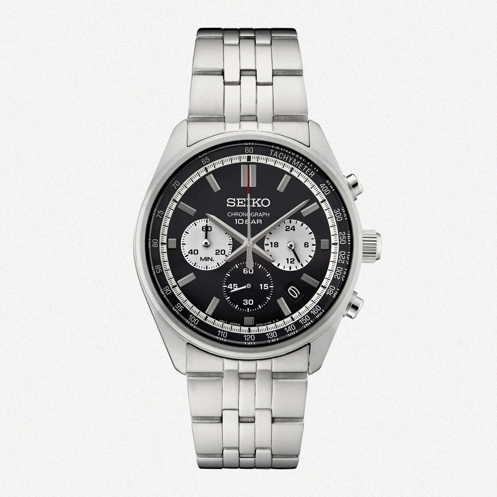 Silver Seiko chronograph watch with black dial, three subdials, tachymeter bezel, and metal link bracelet.