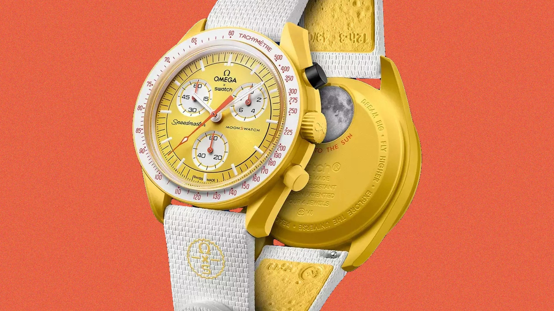 Yellow Omega x Swatch Speedmaster MoonSwatch with white tachymeter bezel and white textured strap on an orange background.