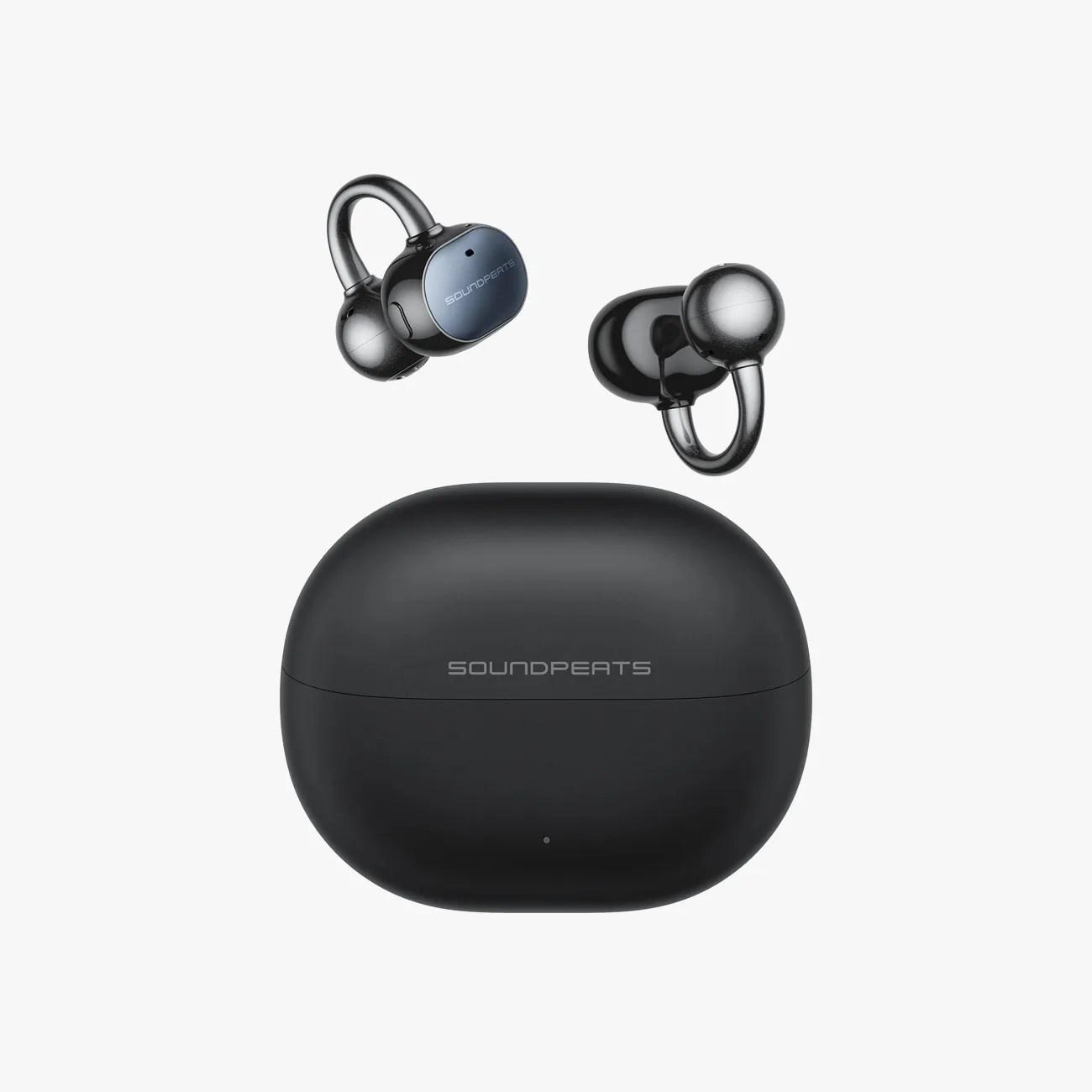 Black SoundPEATS wireless earbuds with matching oval charging case on a white background.