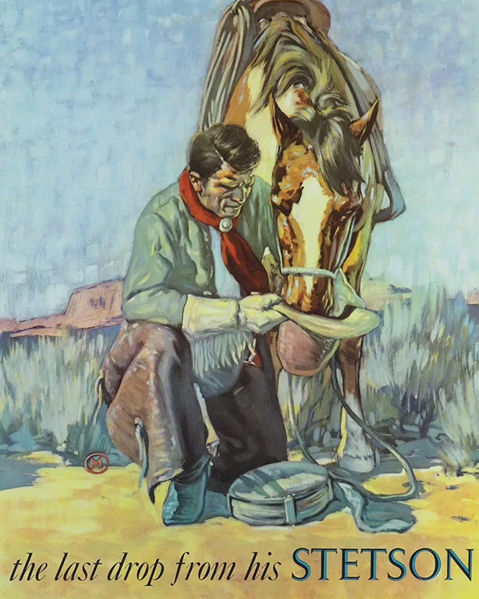 Painting of a man in western attire kneeling and offering a drink to a brown horse with a saddle.