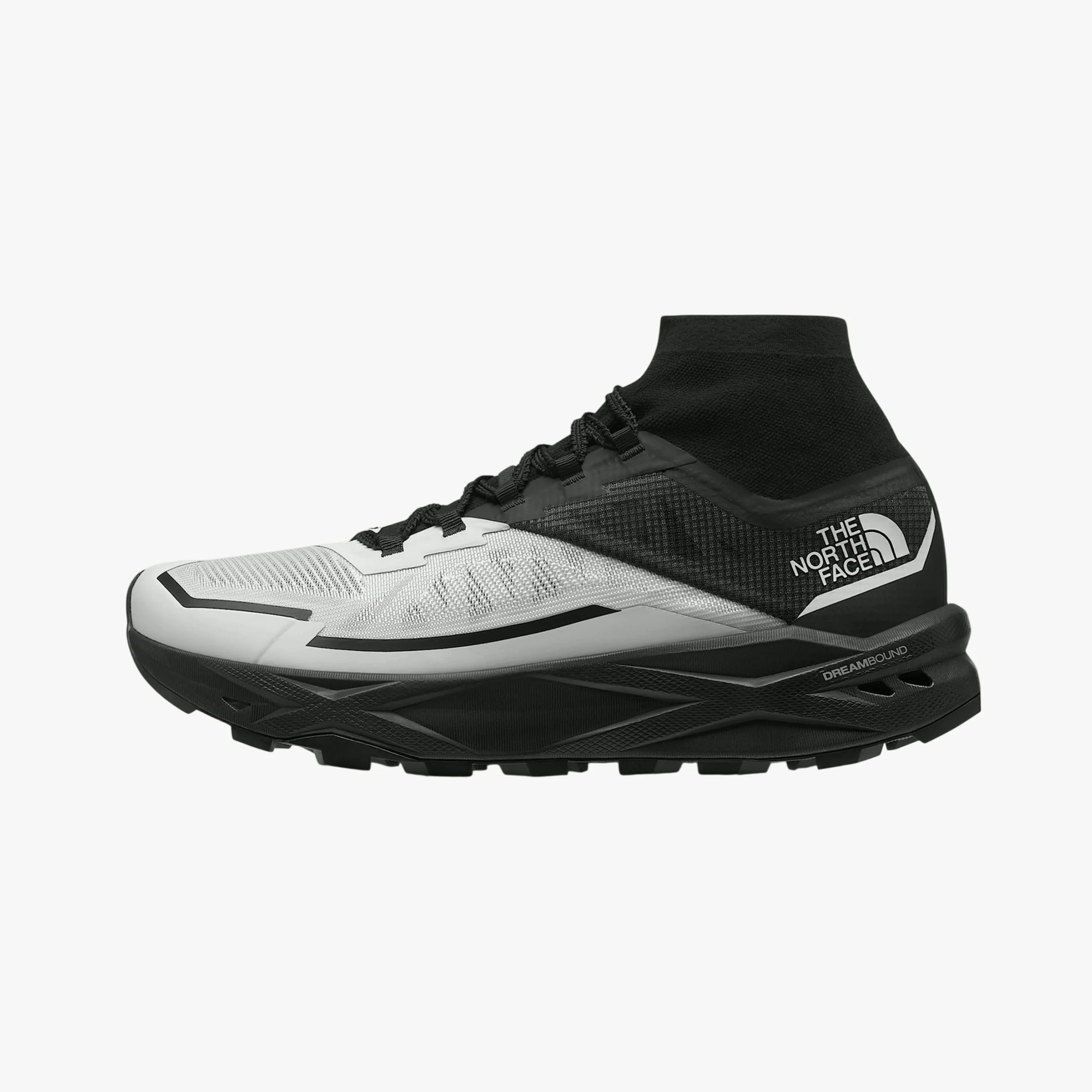 Black and white high-top athletic shoe with knit ankle collar and The North Face logo on the heel.
