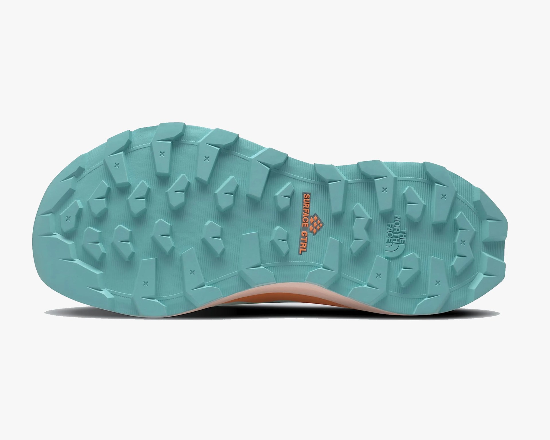 Turquoise rubber shoe sole with deep treads and "The North Face" logo embossed.