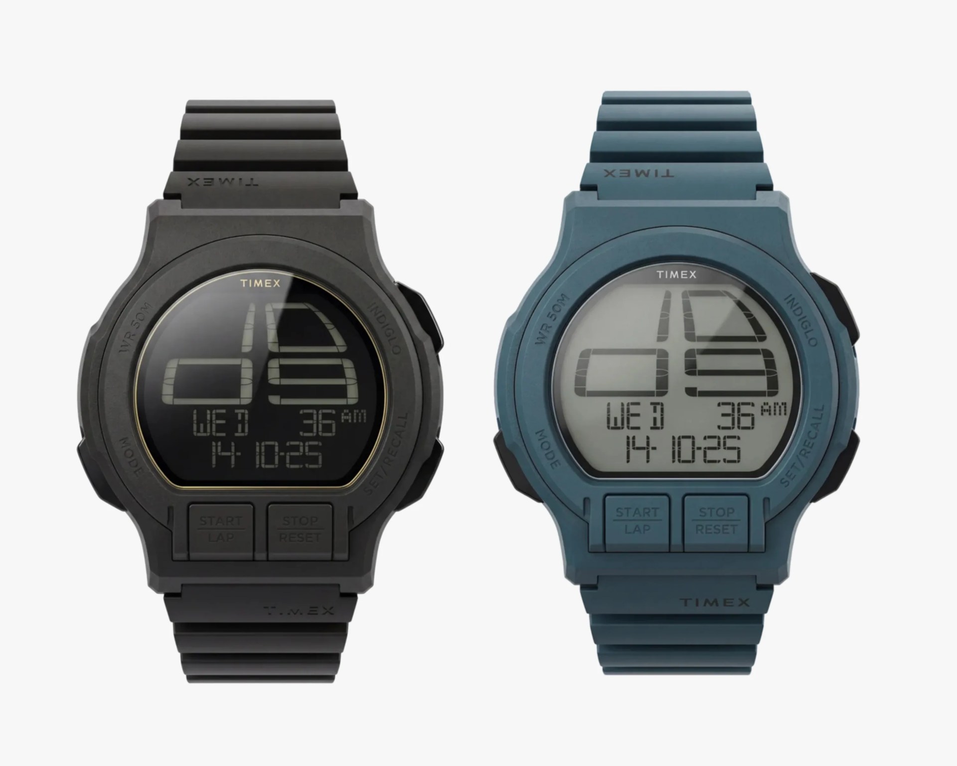 Two Timex digital watches side by side, one black and one blue, both with large digital displays and rubber straps.