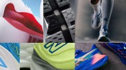 Collage of close-up shots of various colorful running shoes, including red and white, black and gray sole, blue and neon yellow, and blue with multicolor accents.
