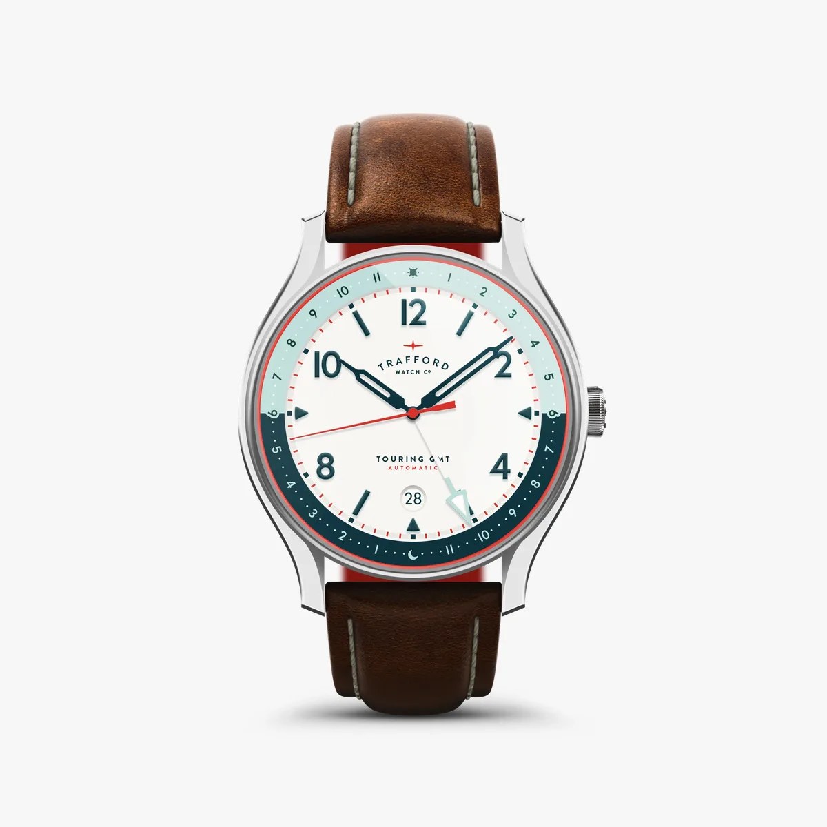 Silver watch with white dial, blue and red accents, brown leather strap, and date display at 6 o'clock.
