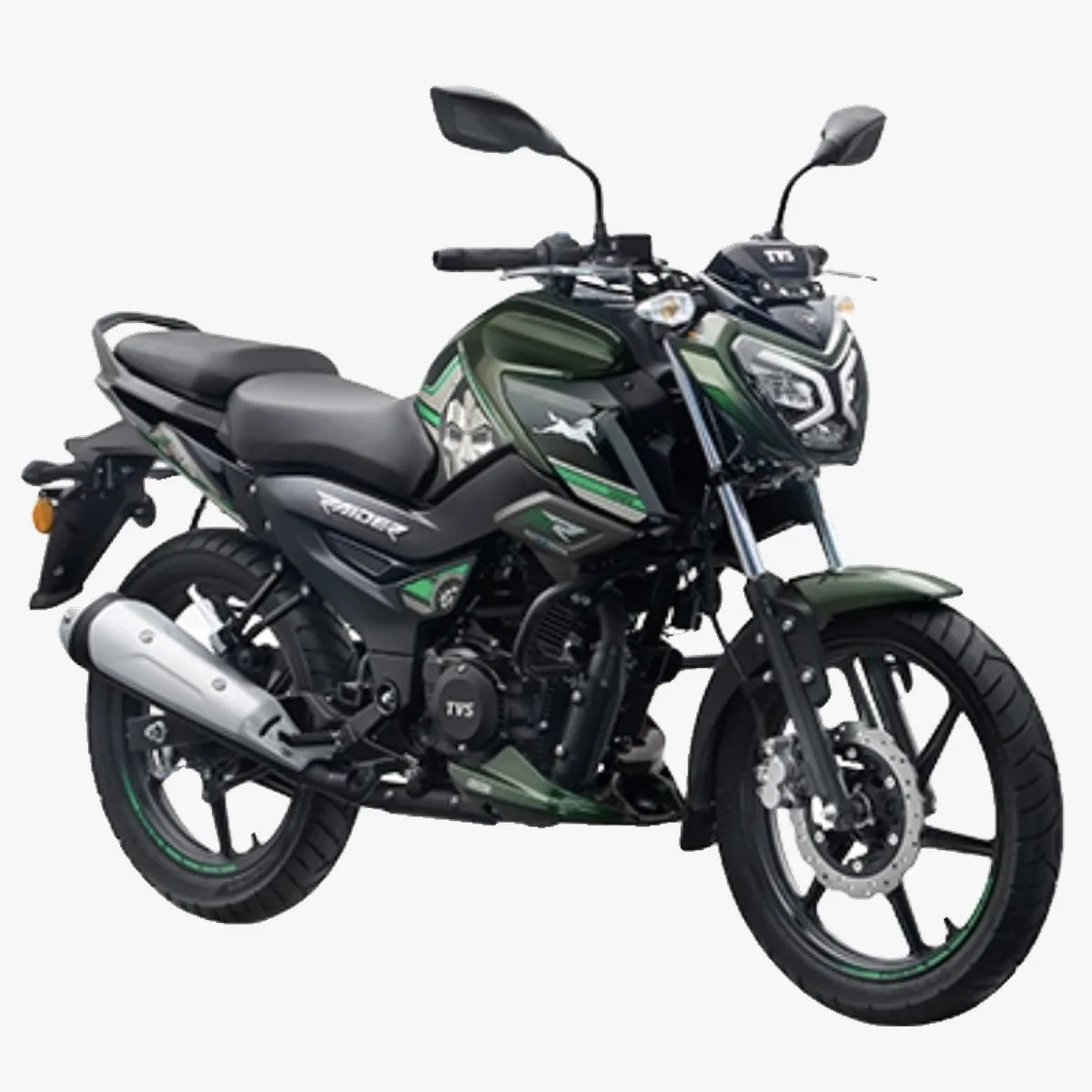 Green and black TVS Raider motorcycle with dual seats and front disc brake.