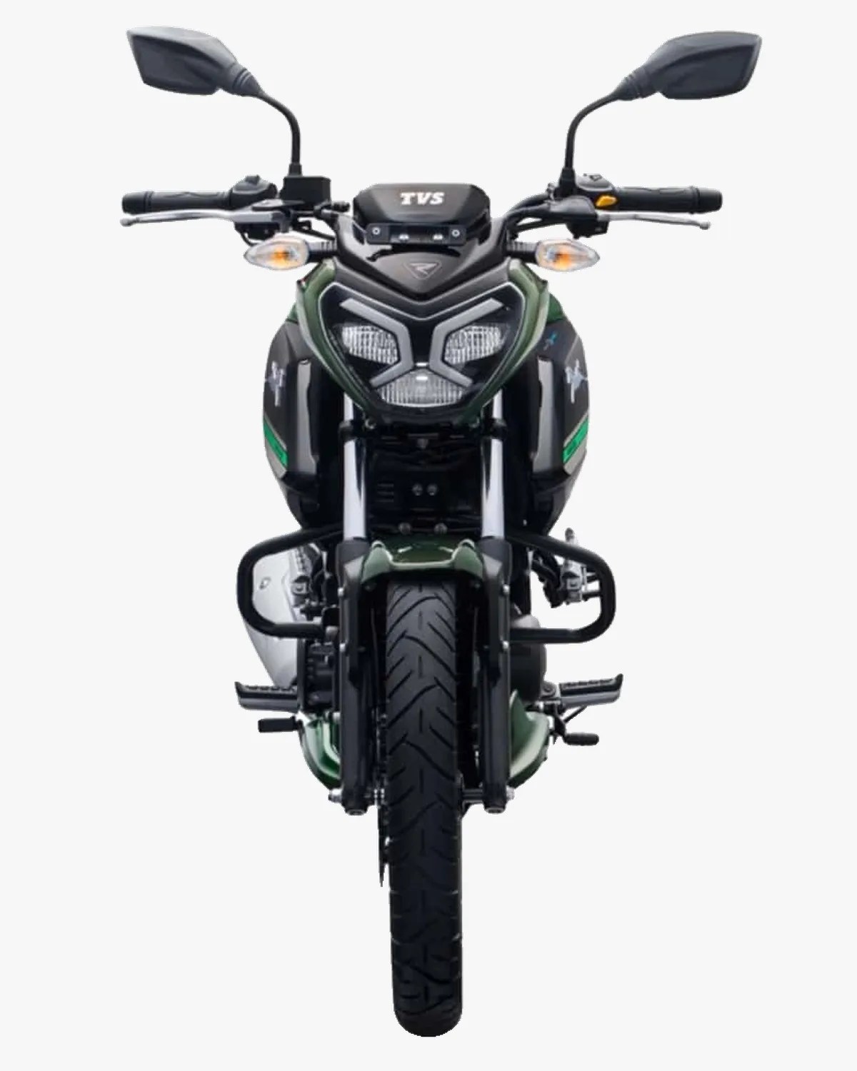 Front view of a black and green TVS motorcycle with dual headlights and rearview mirrors.