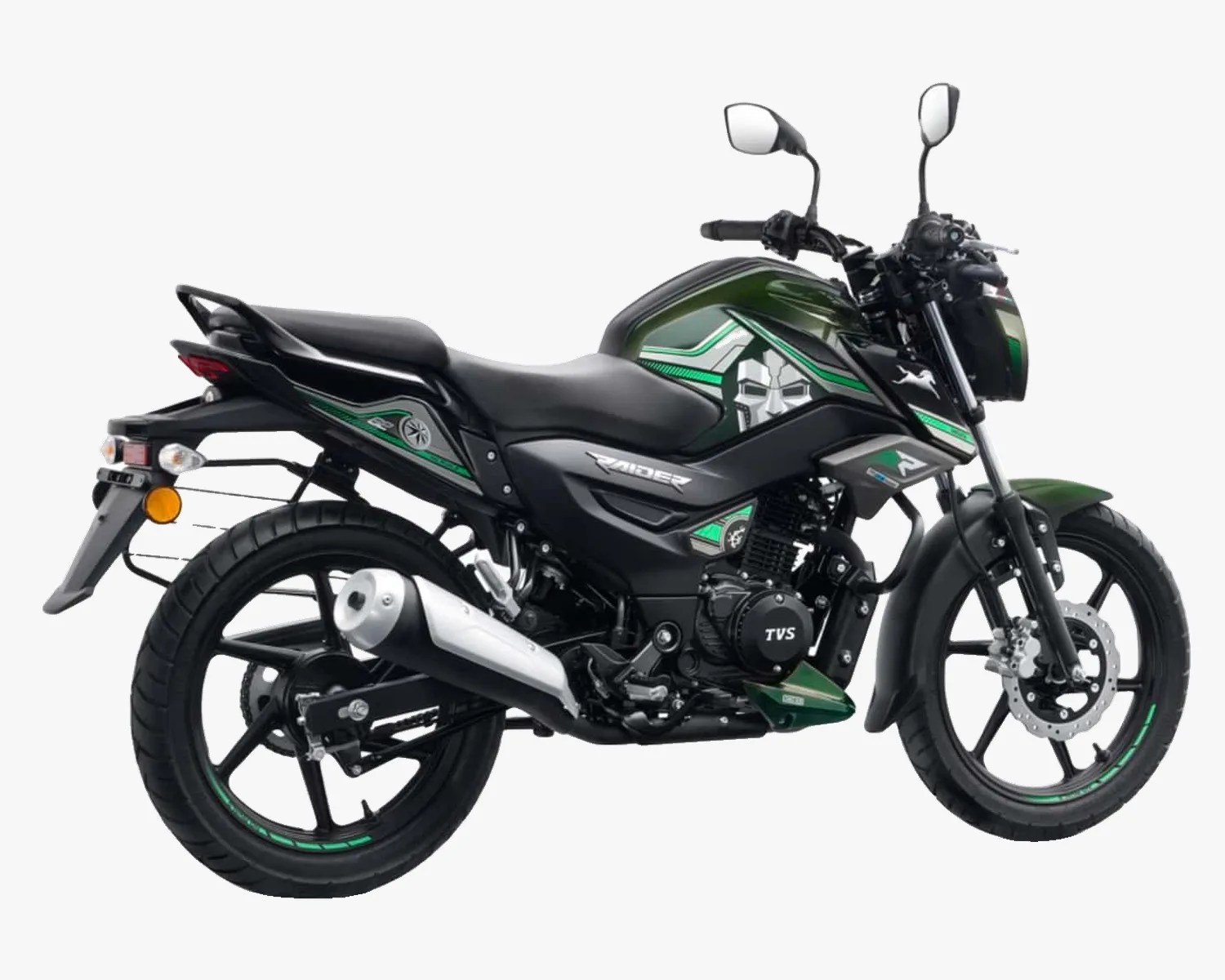Black and green TVS Raider motorcycle with graphic decals and alloy wheels.