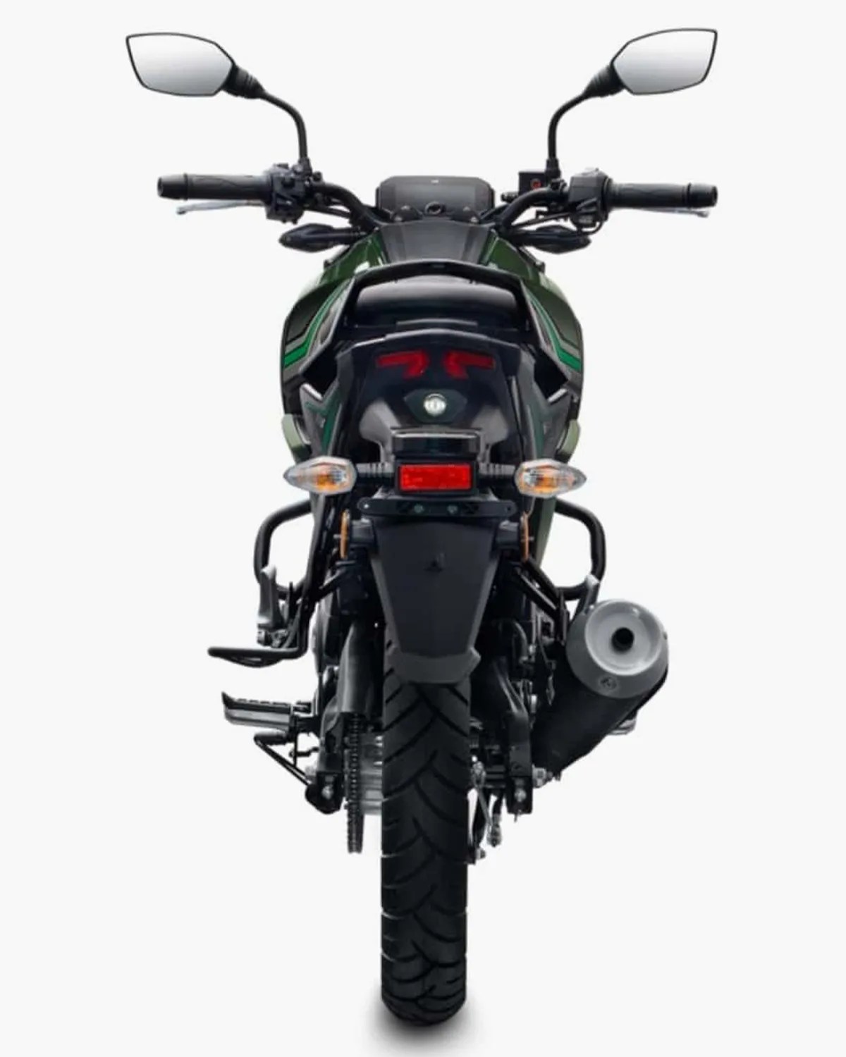 Rear view of a black and green motorcycle with visible rear tire, exhaust, mirrors, and tail lights.