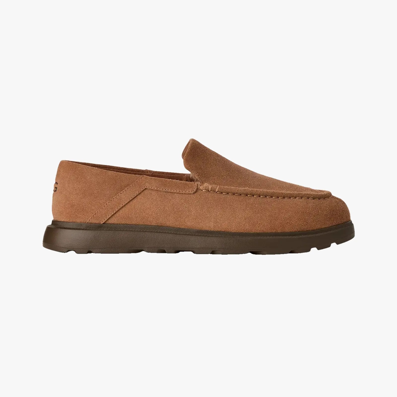 Brown suede slip-on shoe with dark brown rubber sole viewed from the side.