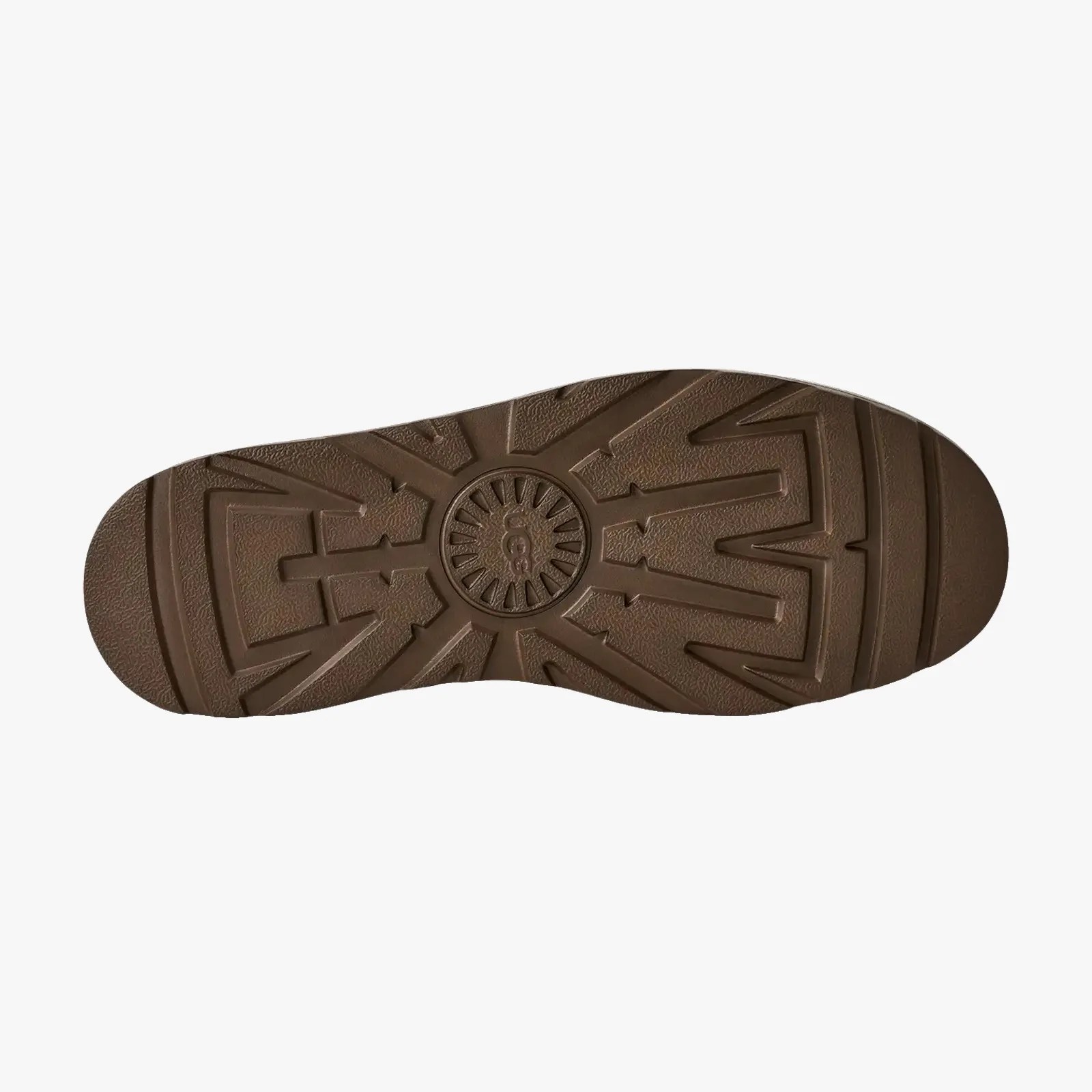 Brown rubber boot sole with UGG logo embossed in the center.