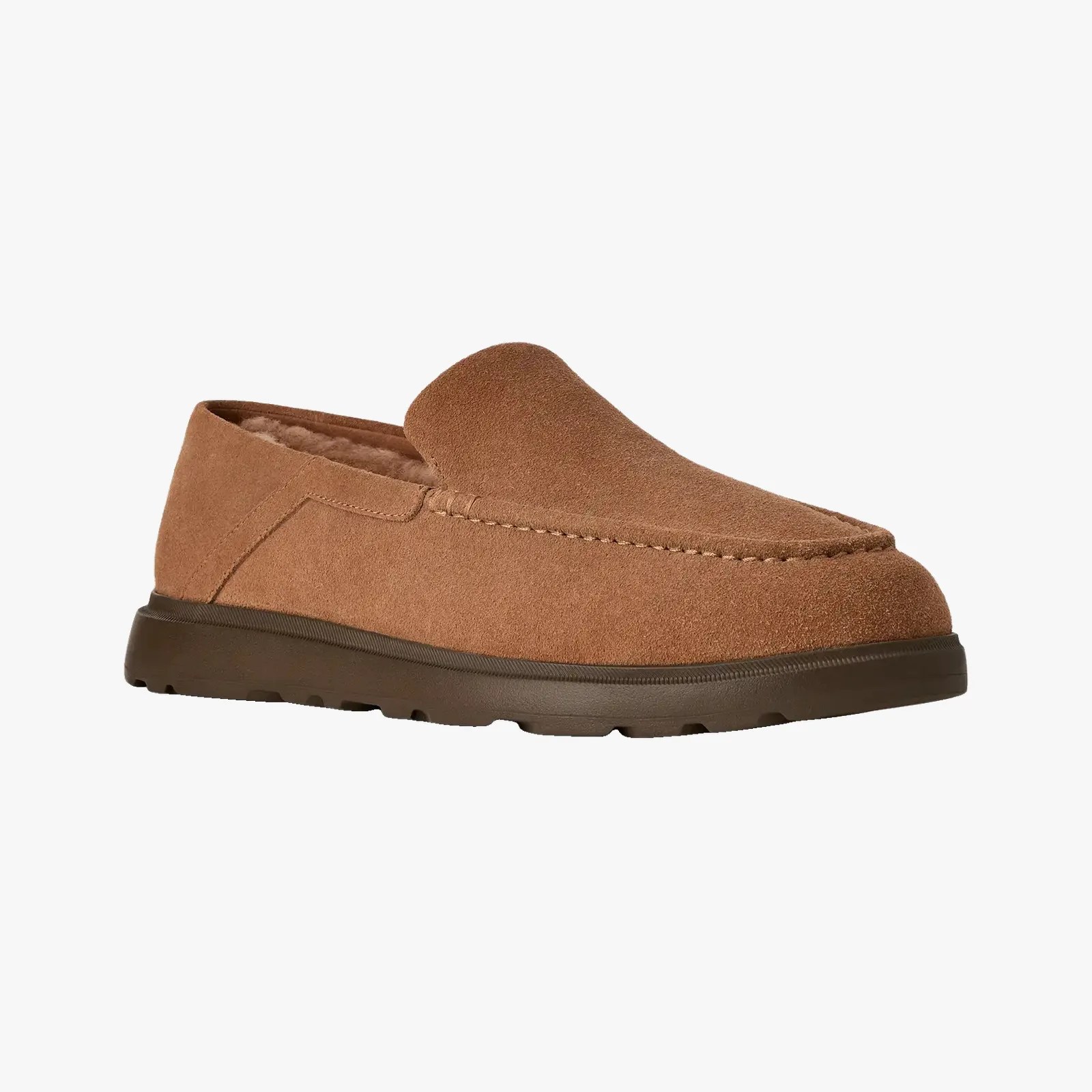 Brown suede slip-on shoe with dark rubber sole and fuzzy interior lining.
