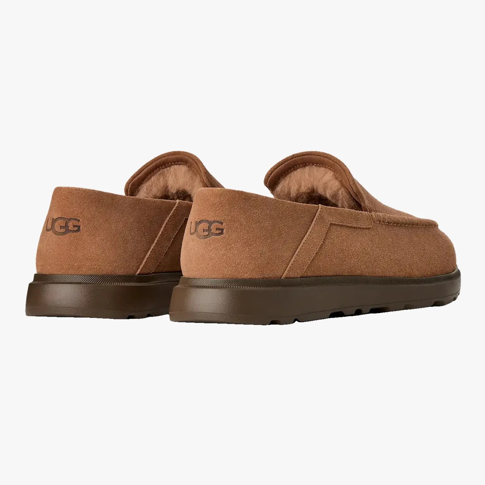Pair of brown suede UGG slippers with plush lining and dark brown rubber soles, viewed from the back.