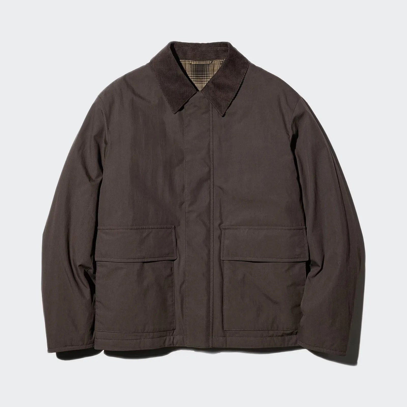 Dark brown jacket with corduroy collar and large front pockets on a light background.