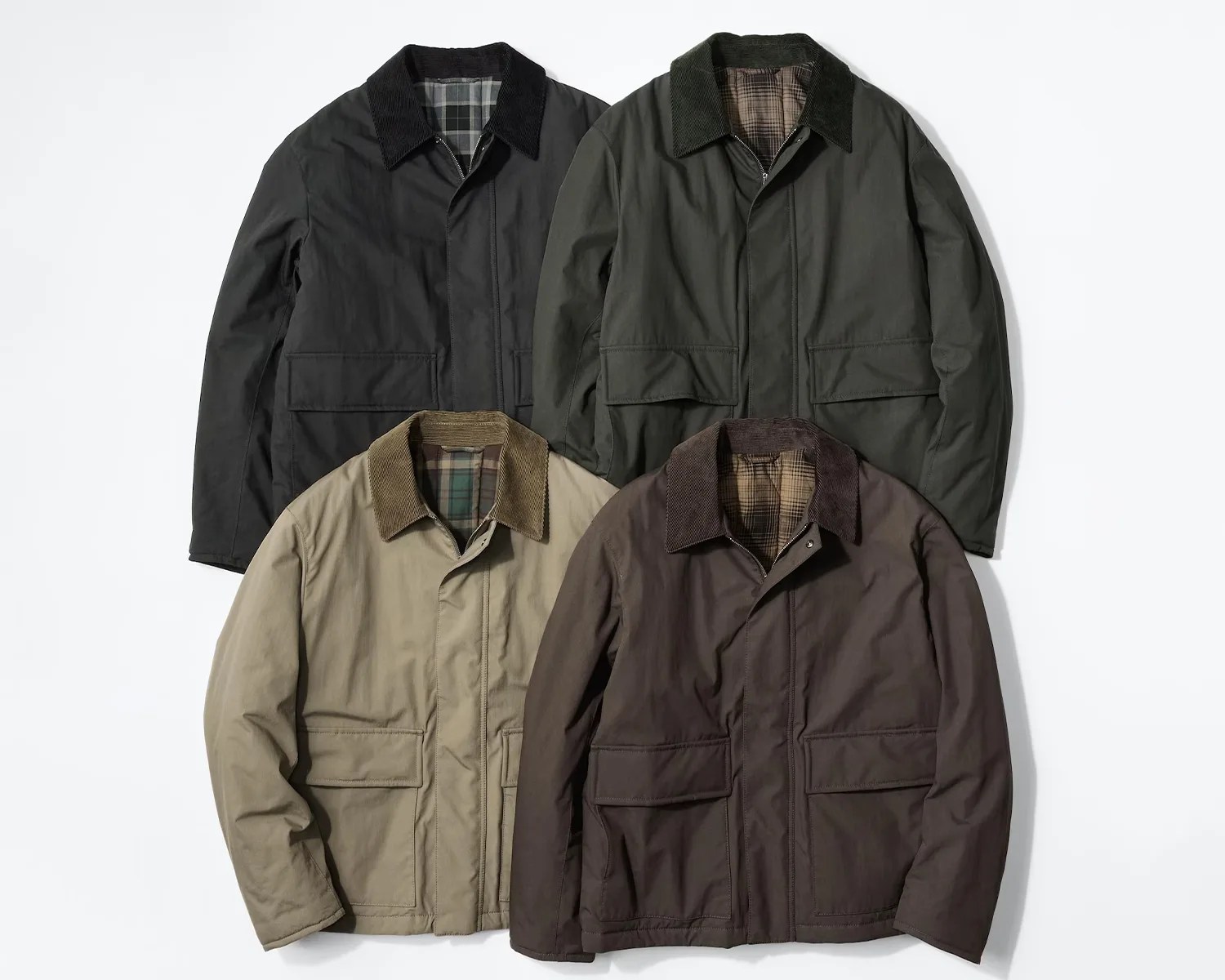 Four jackets in black, olive green, beige, and brown with corduroy collars and plaid linings.