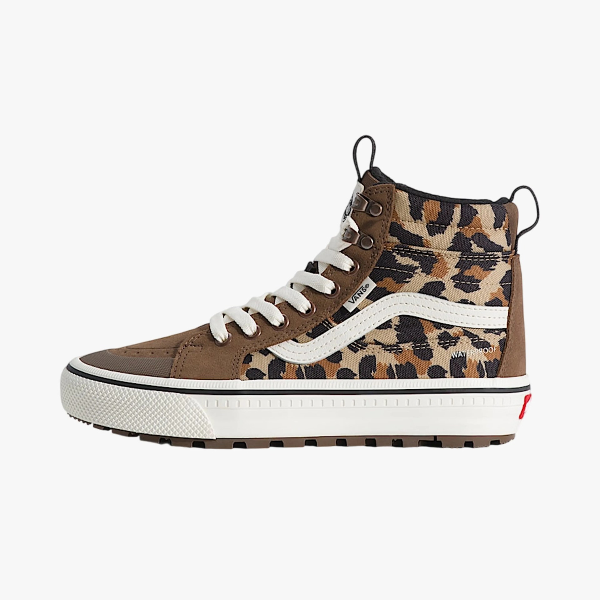 High-top Vans sneaker with brown suede, leopard print fabric, white side stripe, and white laces.