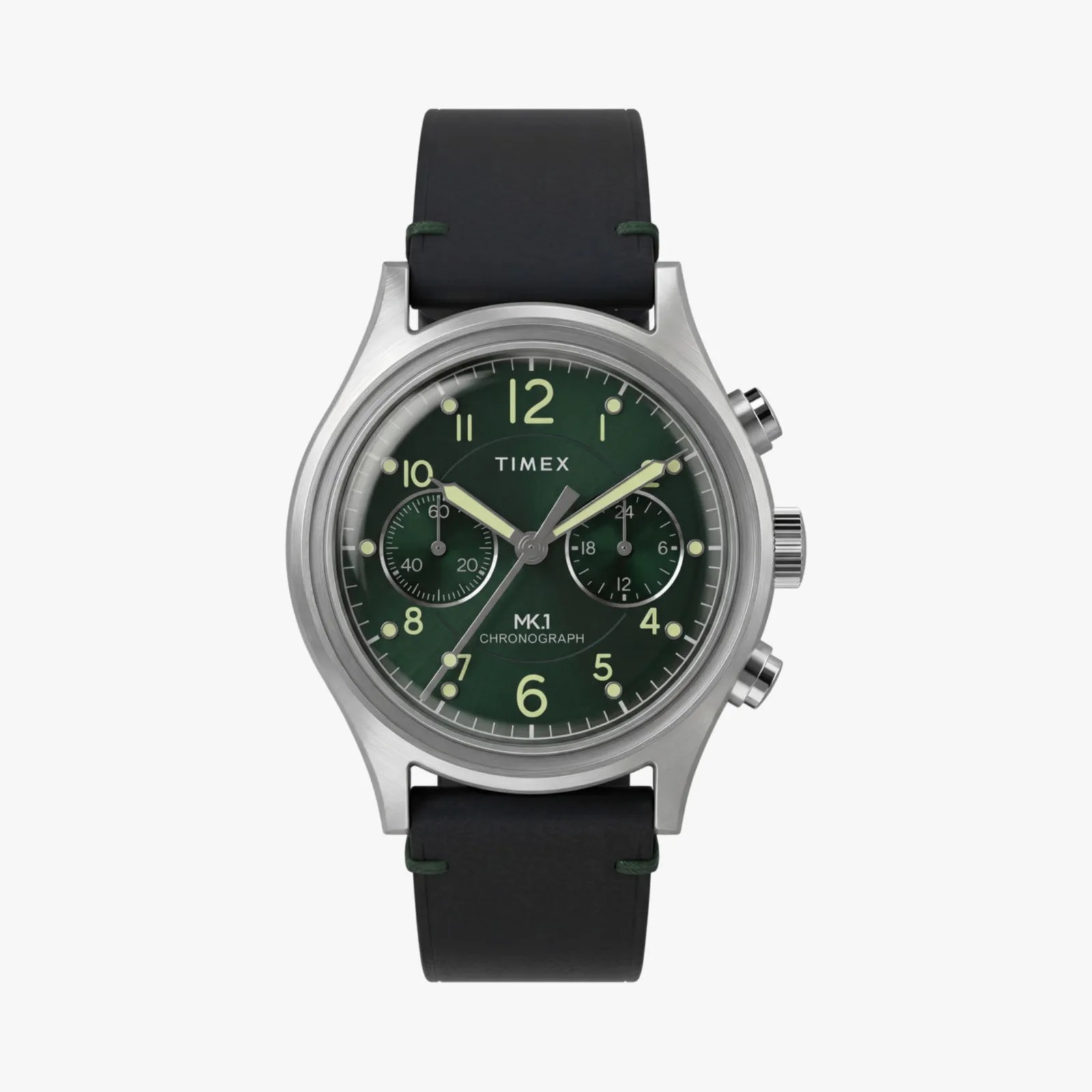 Timex MK1 chronograph watch with green dial, luminous hands, stainless steel case, and black leather strap.