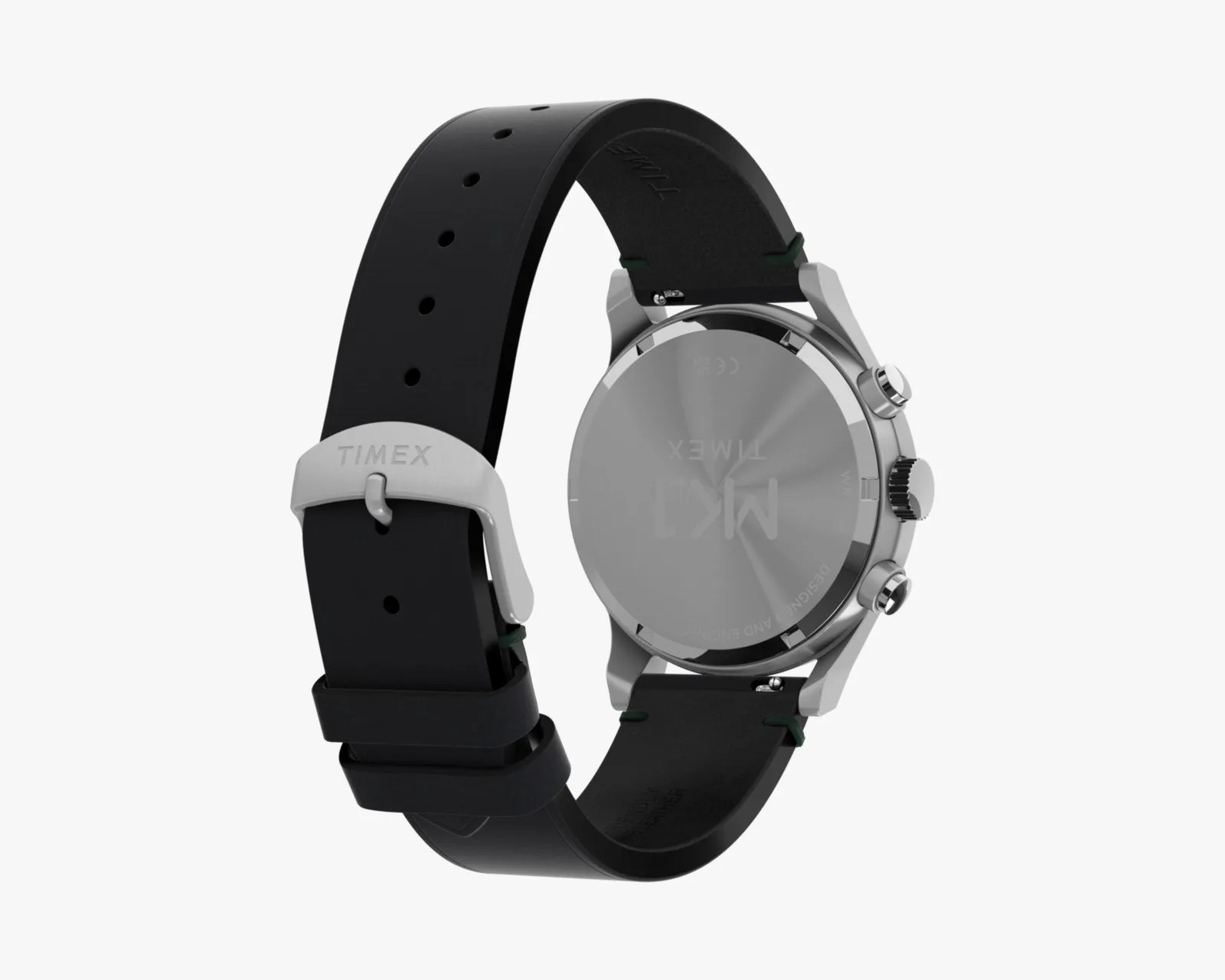 Silver Timex watch case with black leather strap and silver buckle viewed from the back.