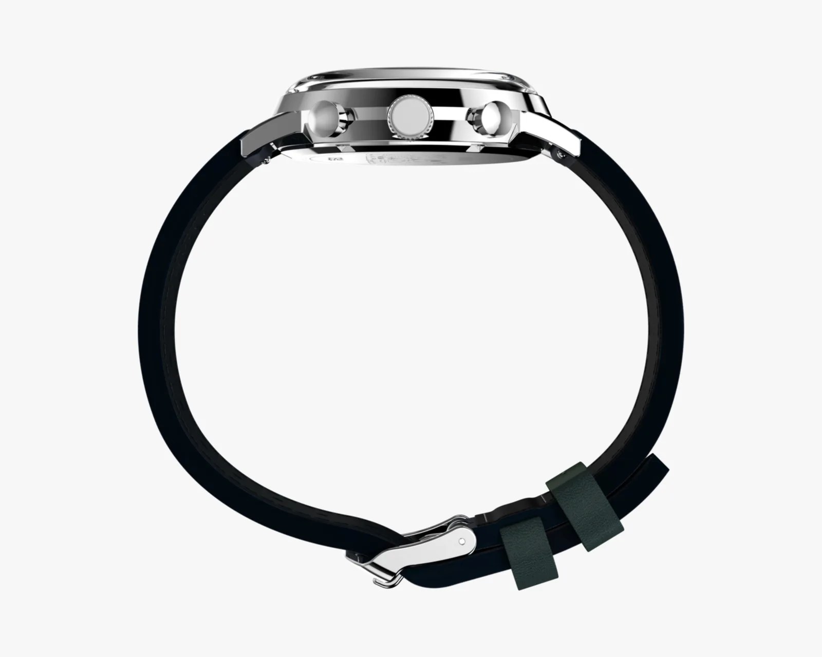 Side view of a silver chronograph watch with black strap and two green loops.