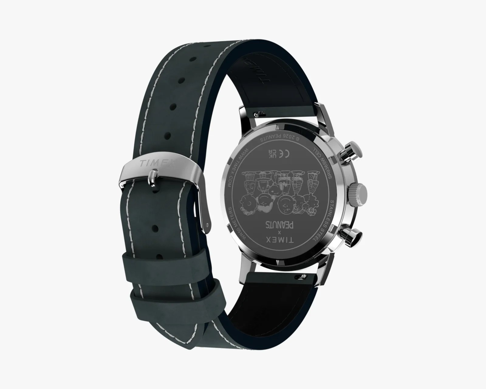 Black leather watch strap with white stitching and silver buckle attached to a stainless steel Timex watch back featuring Peanuts characters engraving.