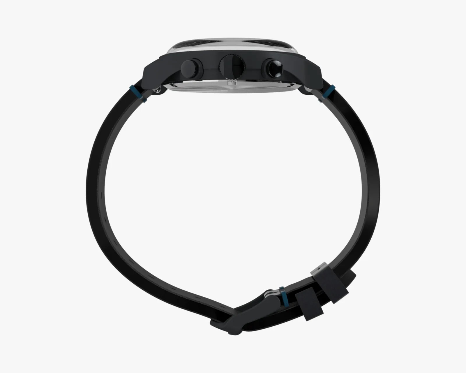 Side view of a black smartwatch with a round face and black silicone strap.
