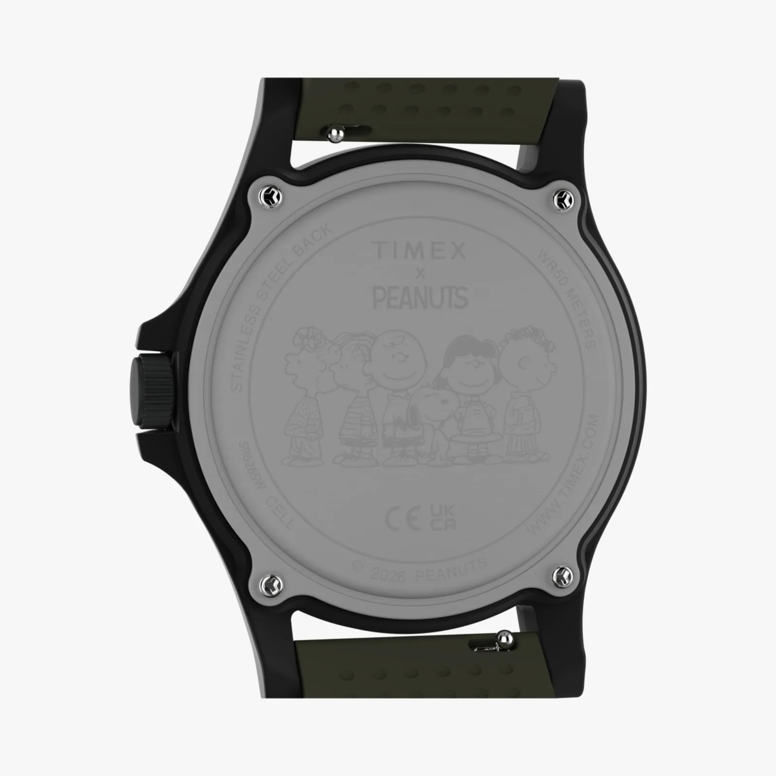 Back of a black Timex watch with olive green strap featuring engraved Peanuts characters and branding.