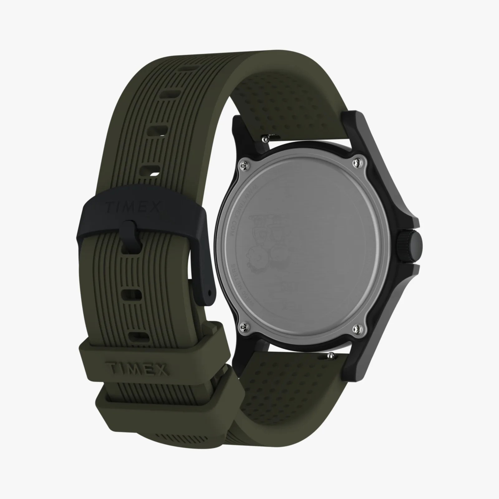 Olive green Timex watch strap with black buckle and black watch case back.