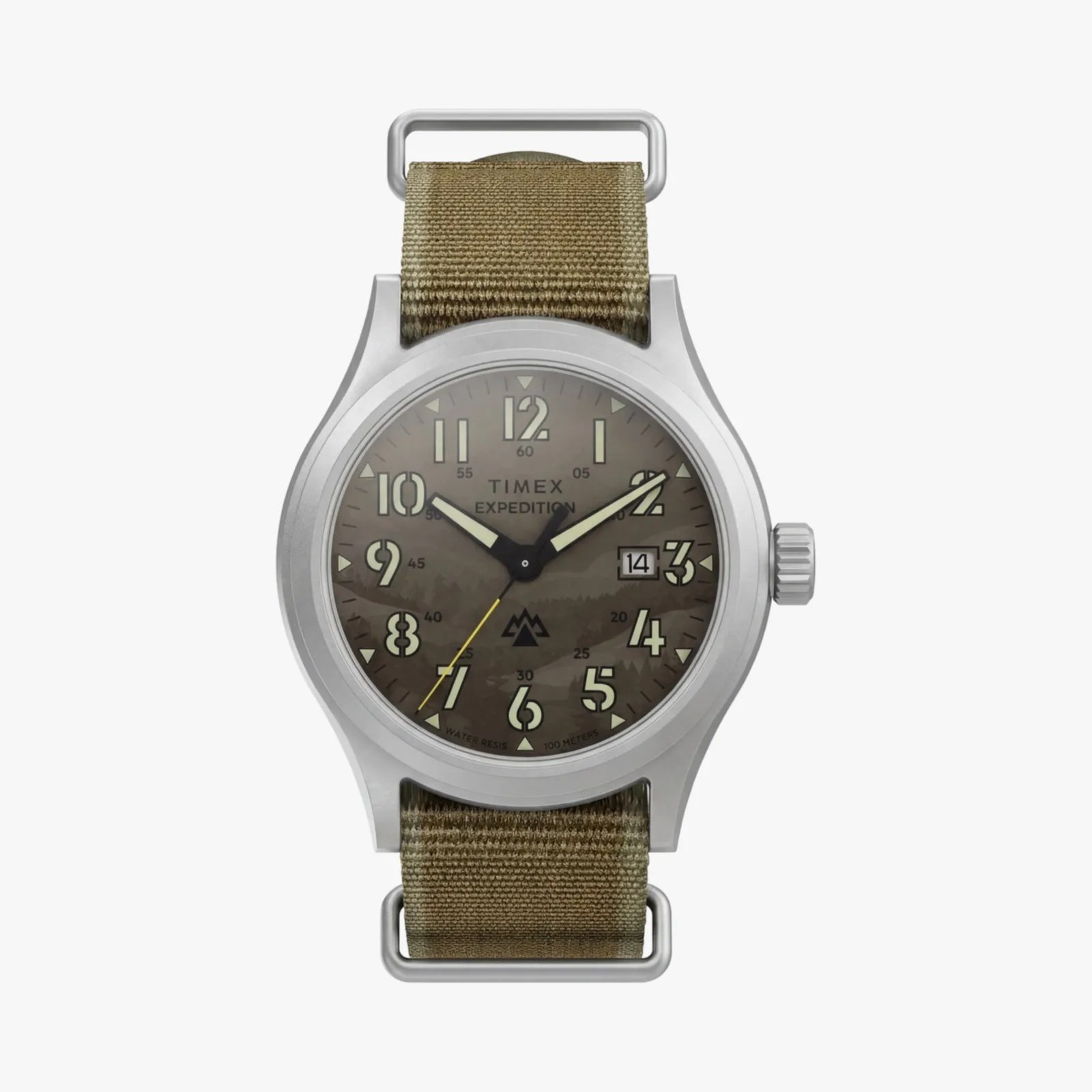 Timex Expedition watch with olive green fabric strap and brown dial showing date and luminous hands.