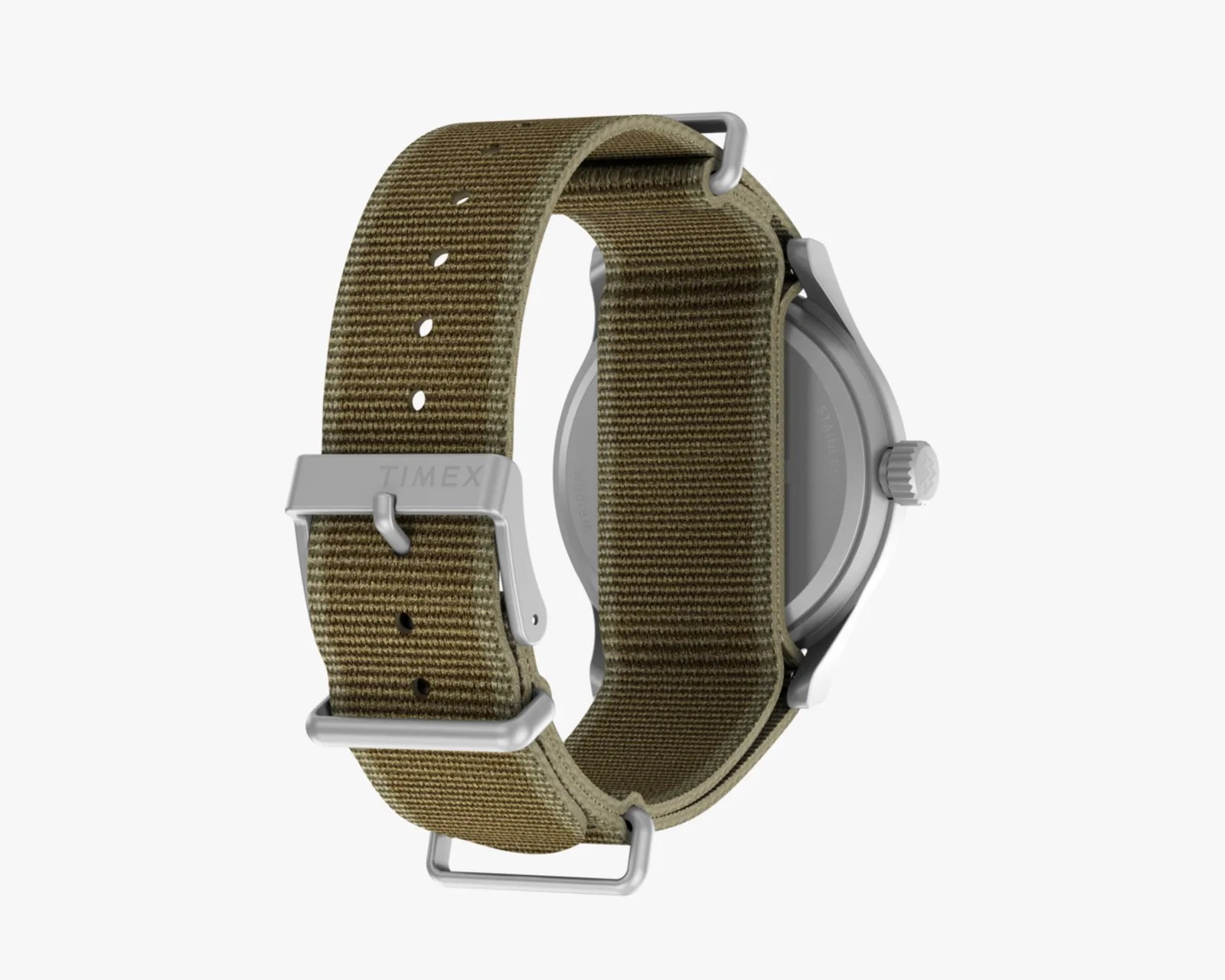 Olive green woven fabric watch strap with silver buckle and loops attached to a silver watch case.