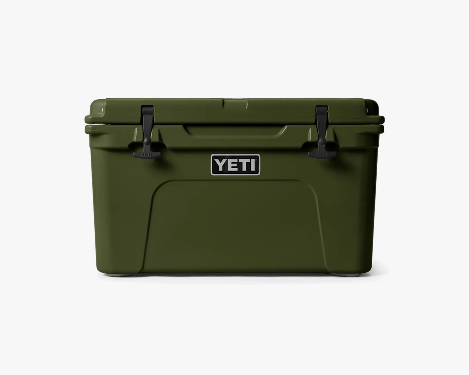 Olive green YETI cooler with black rubber latches on a white background.