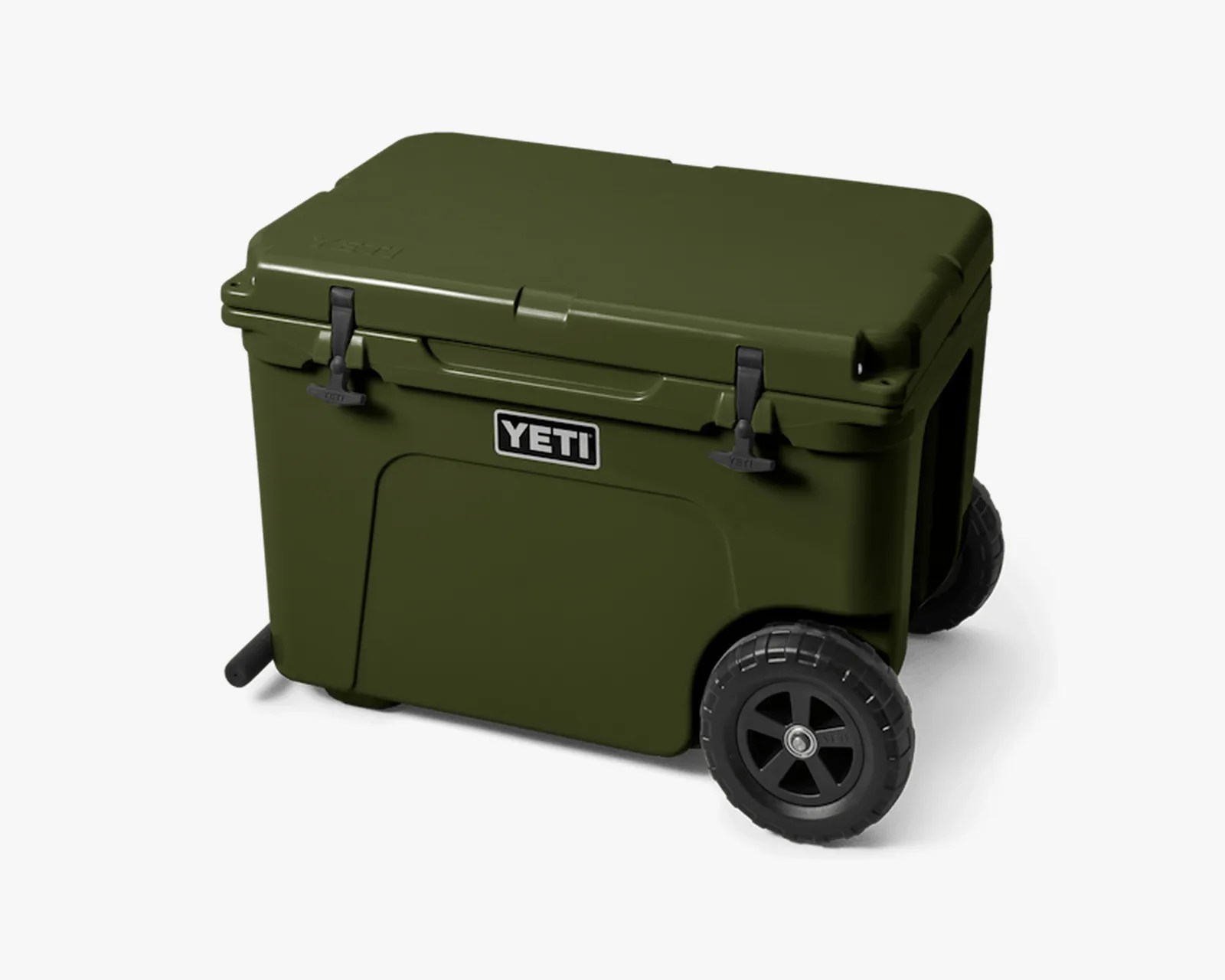 Olive green YETI wheeled cooler with black latches and large rugged wheels on a white background.